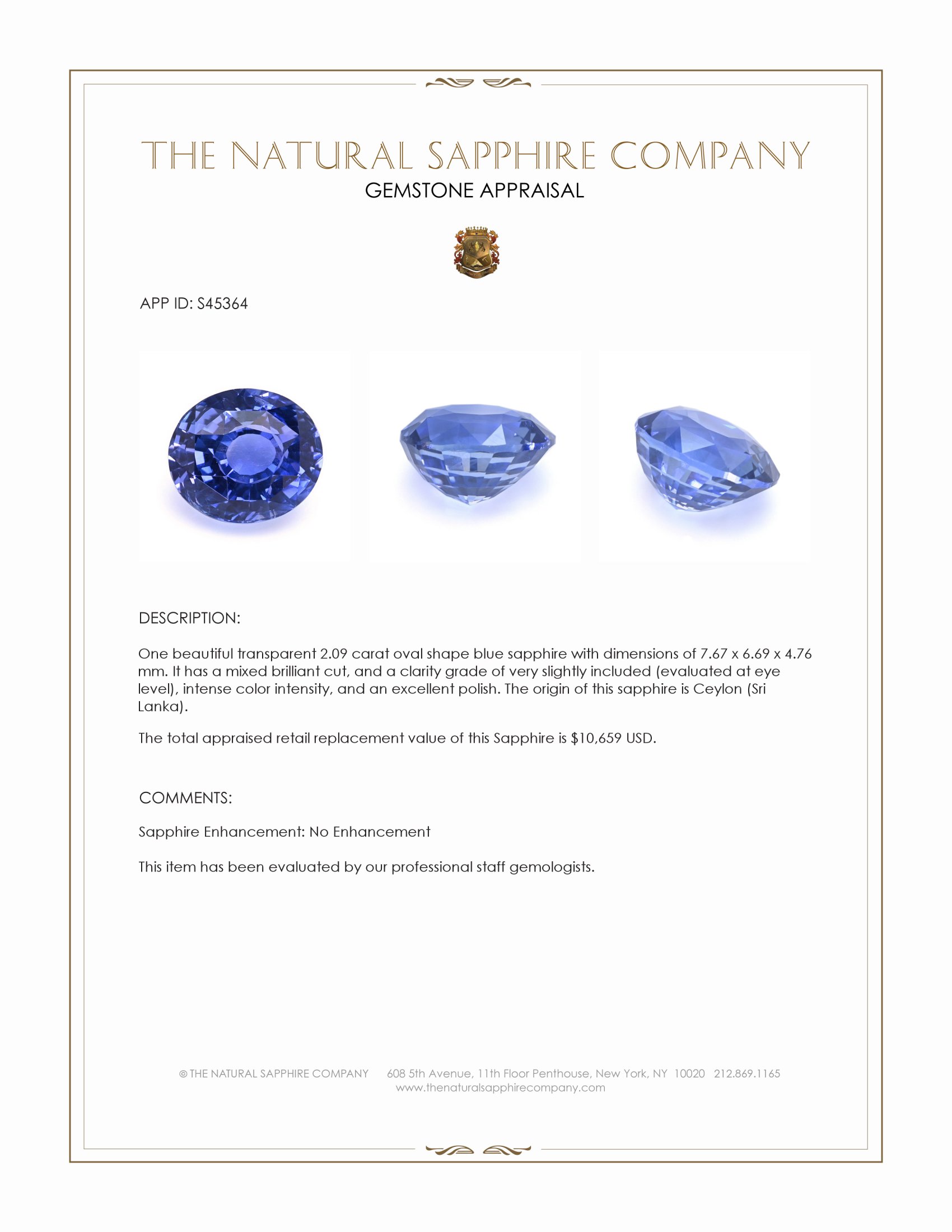 2.09 Ct. Blue Sapphire from Ceylon (Sri Lanka)