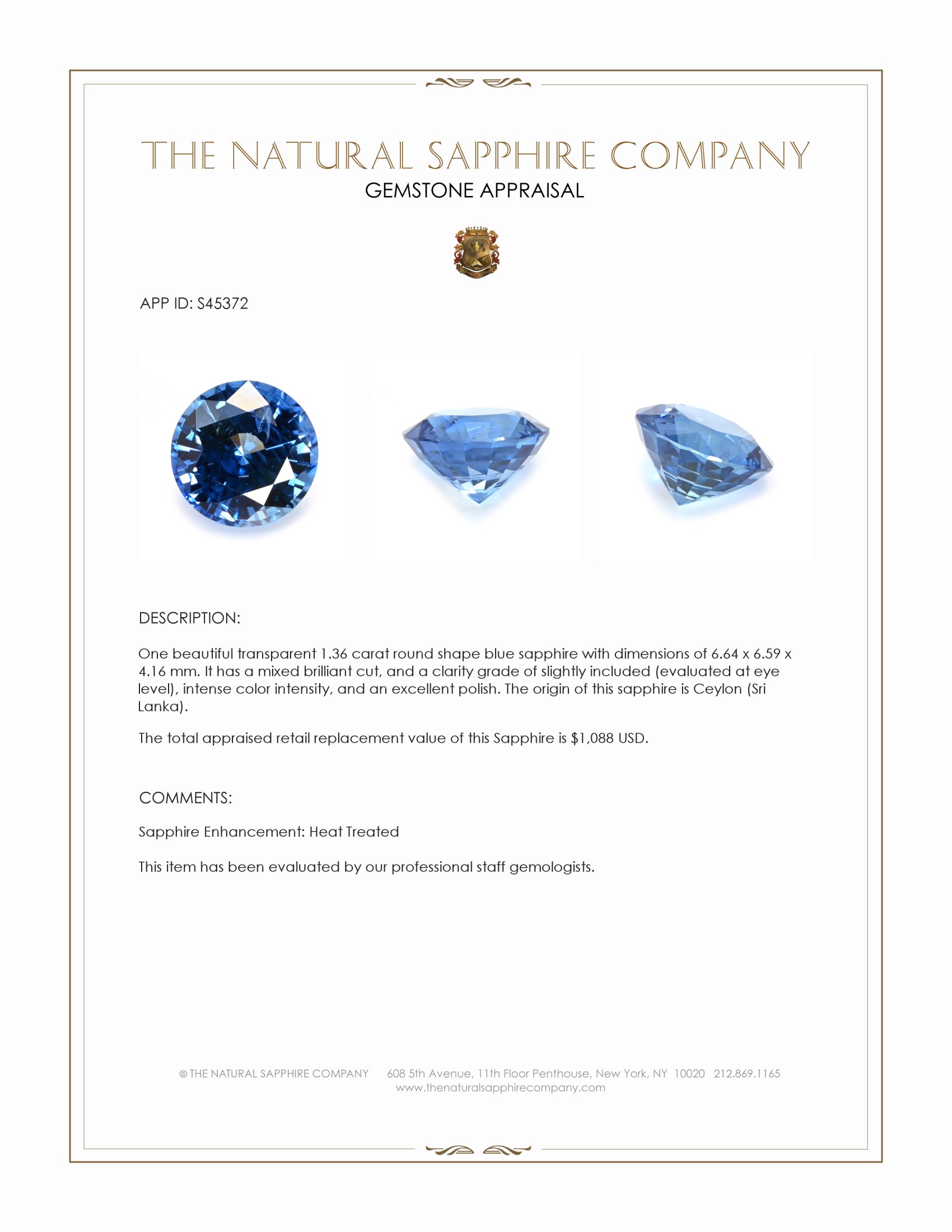 1.36 Ct. Blue Sapphire from Ceylon (Sri Lanka)