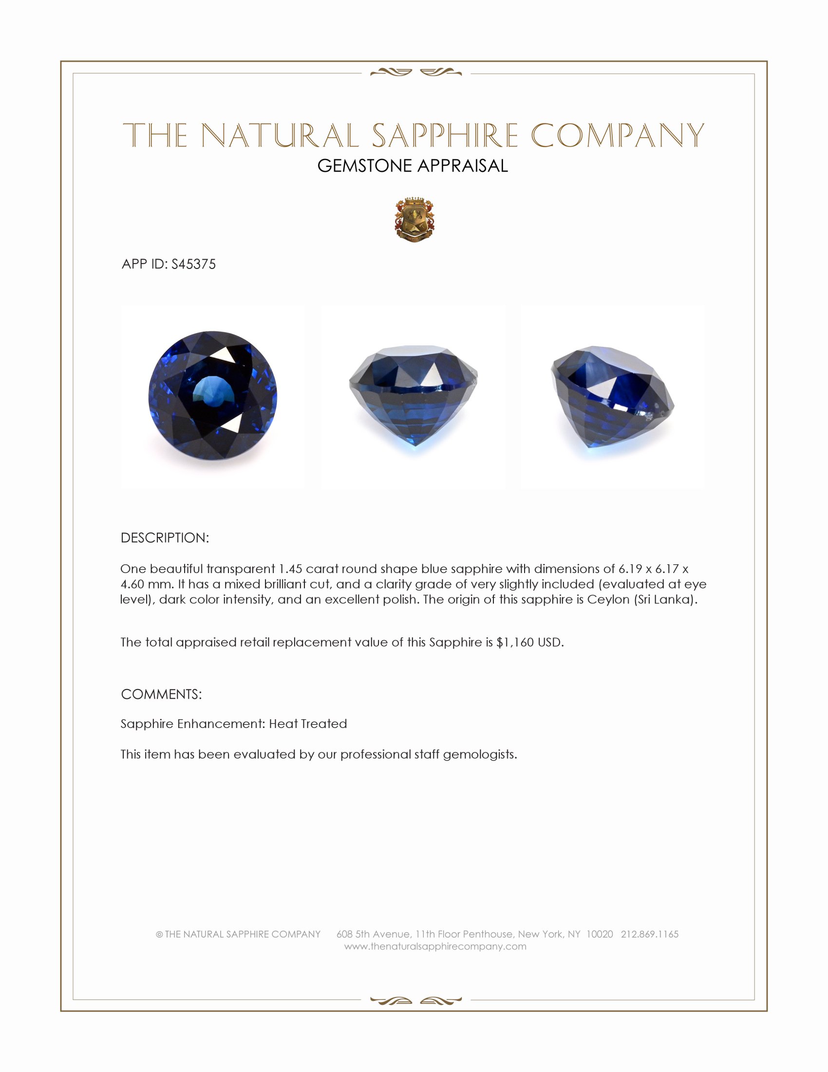1.45 Ct. Blue Sapphire from Ceylon (Sri Lanka)