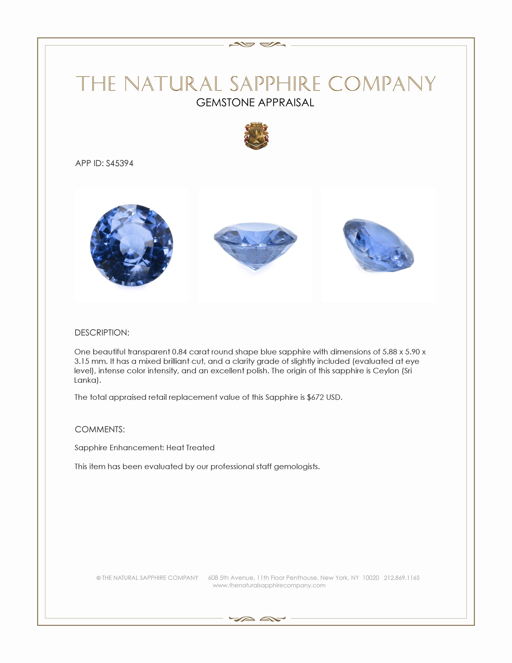 0.84 Ct. Blue Sapphire from Ceylon (Sri Lanka)
