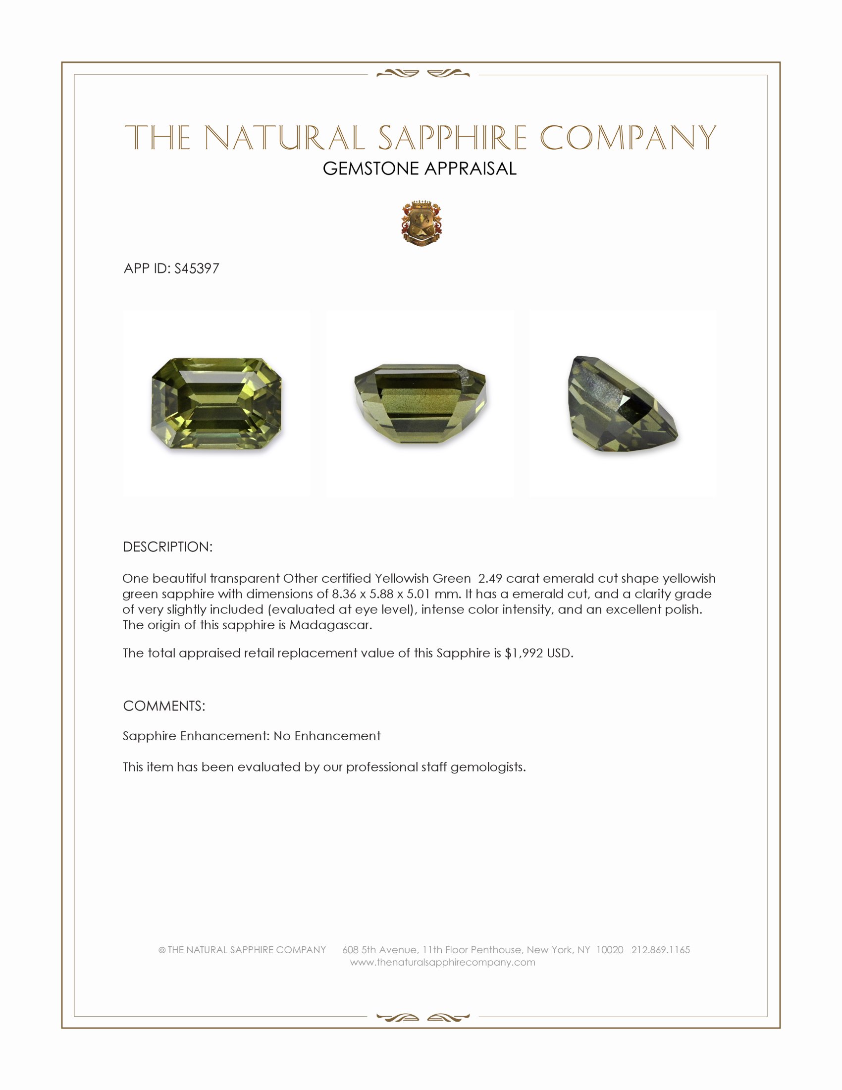 2.49 Ct. Yellowish Green Sapphire from Madagascar