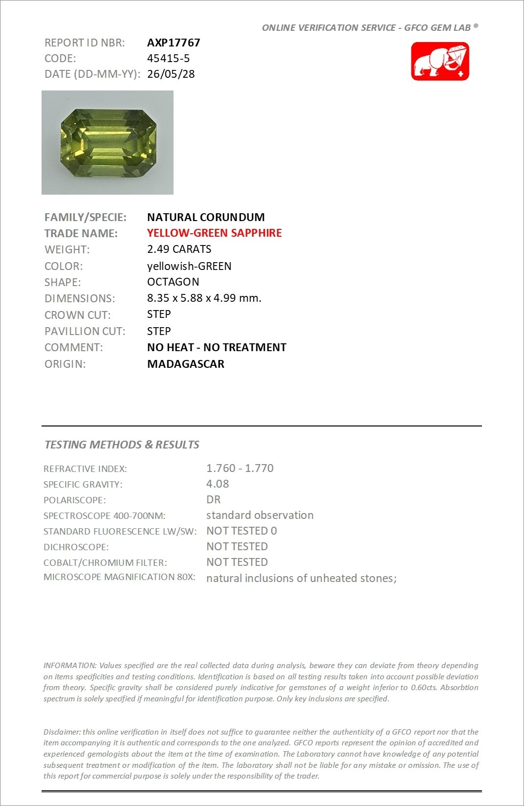 2.49 Ct. Yellowish Green Sapphire from Madagascar