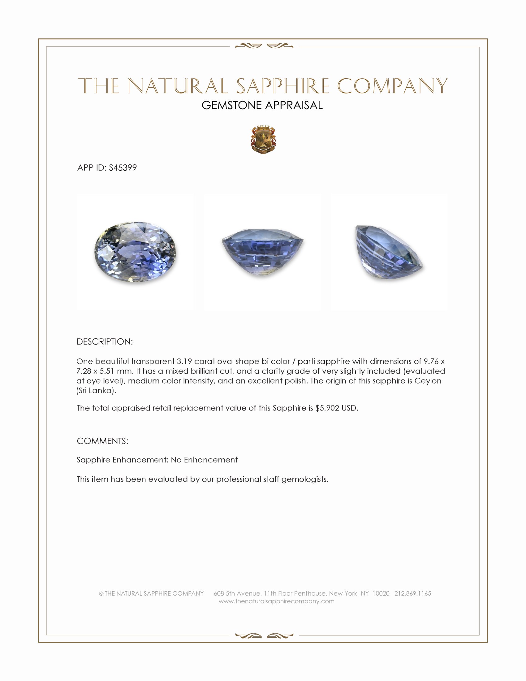 3.19 Ct. Bi Color / Parti Sapphire from Ceylon (Sri Lanka)
