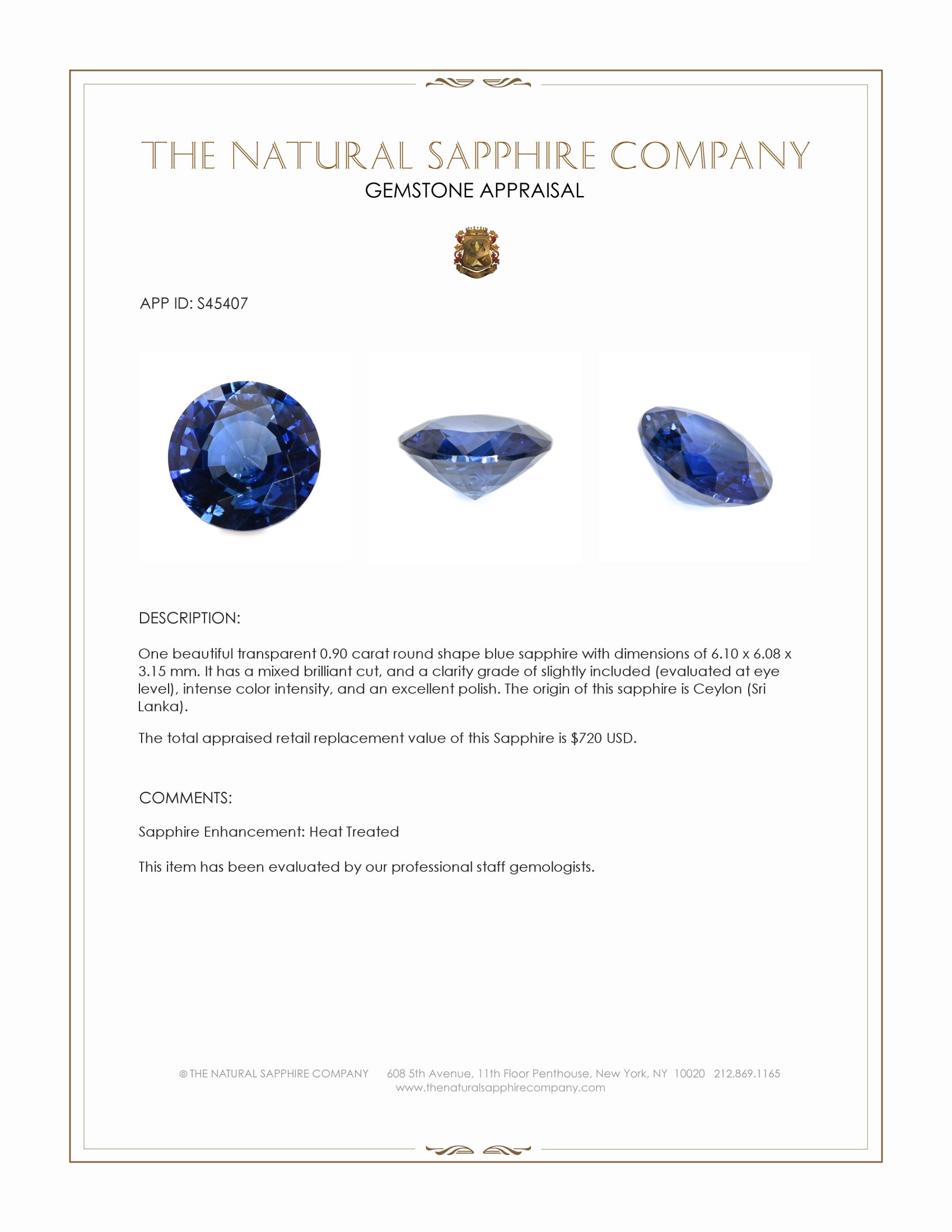 0.90 Ct. Blue Sapphire from Ceylon (Sri Lanka)