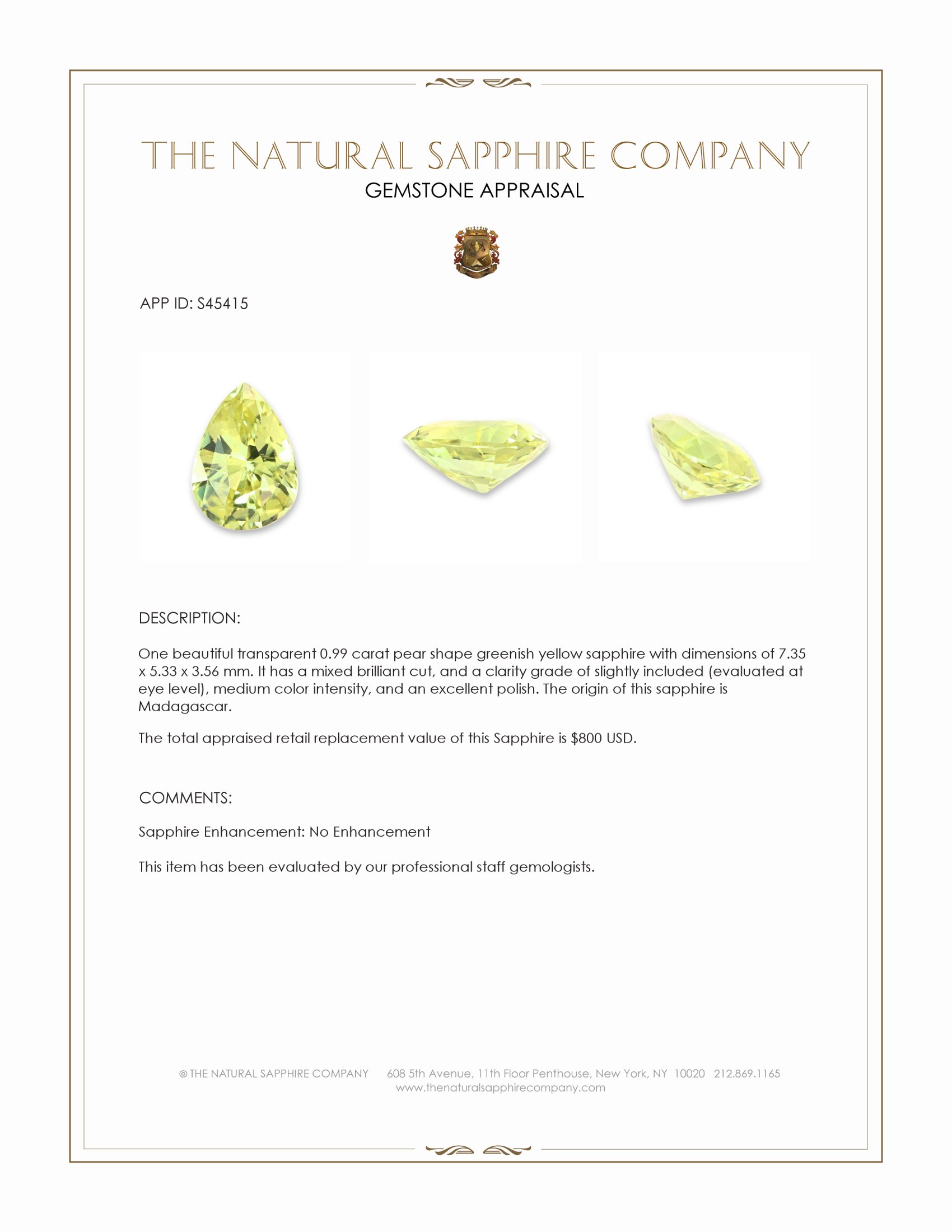 0.99 Ct. Greenish Yellow Sapphire from Madagascar