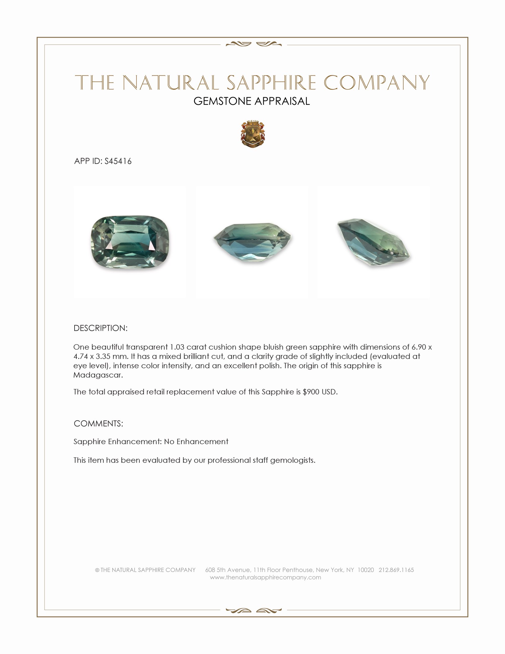 1.03 Ct. Bluish Green Sapphire from Madagascar