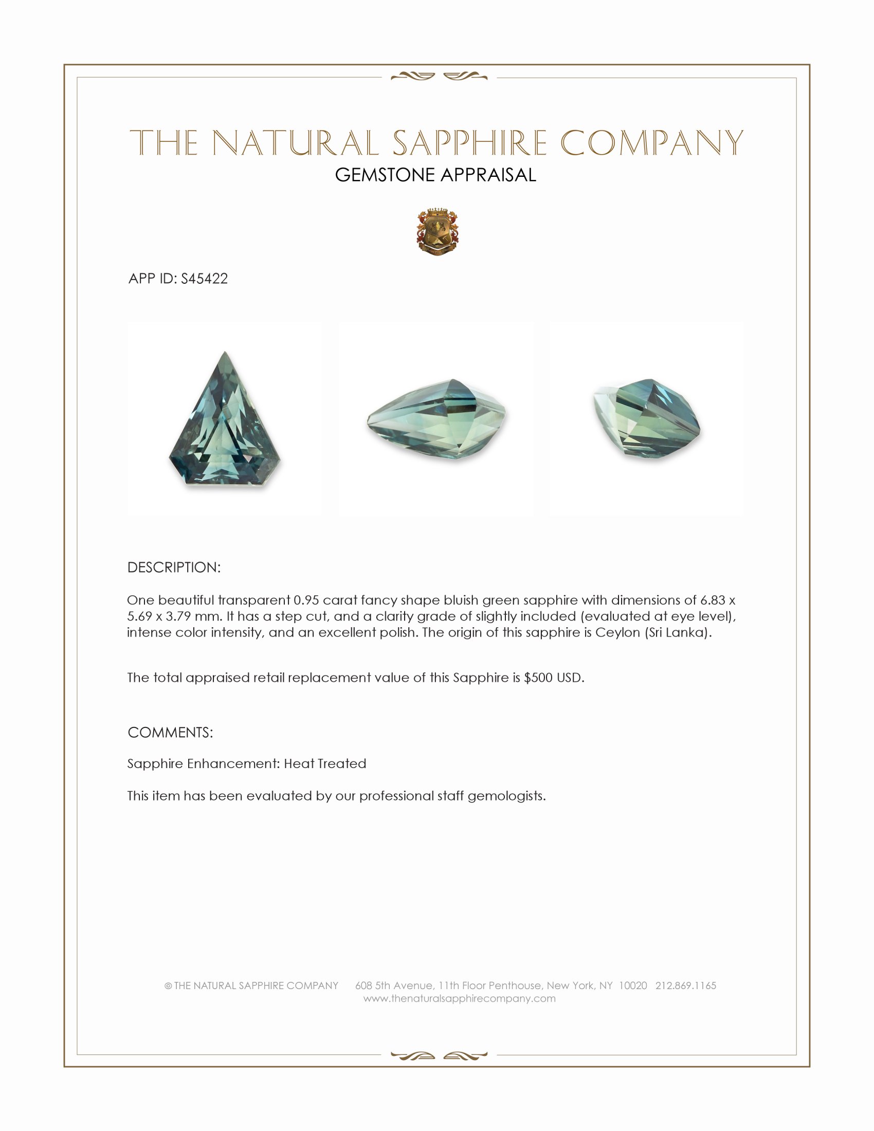 0.95 Ct. Bluish Green Sapphire from Ceylon (Sri Lanka)