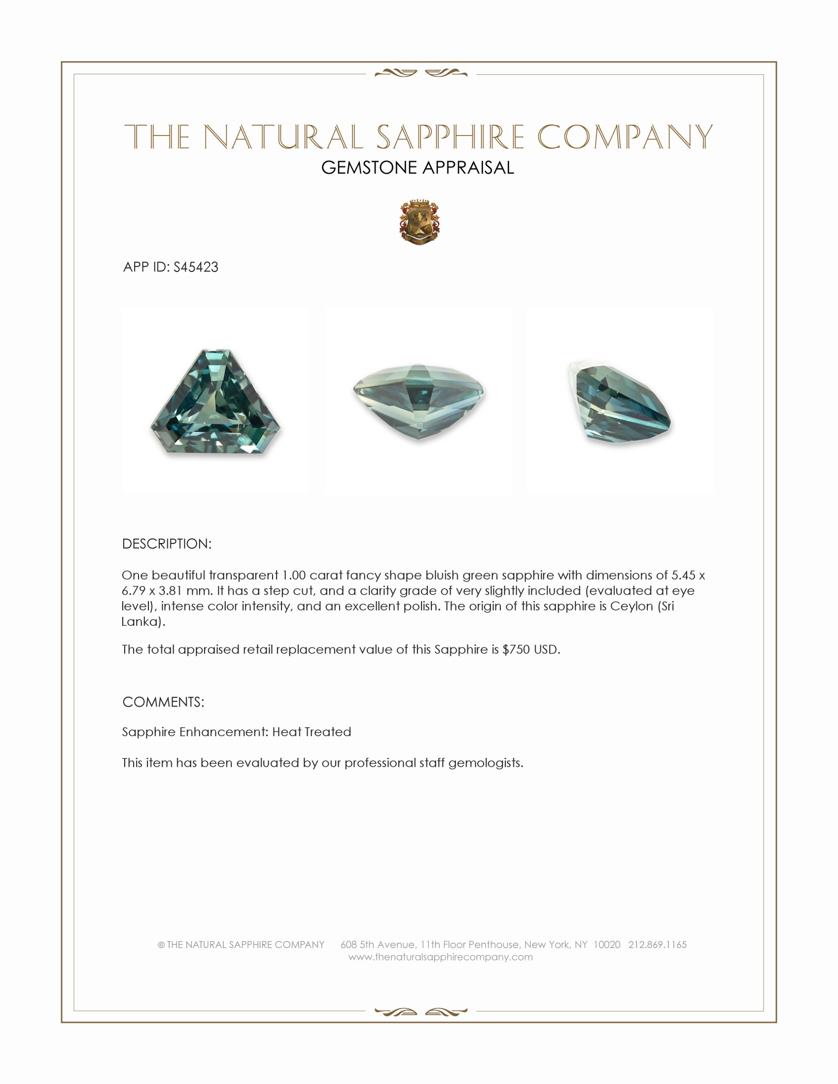 1.00 Ct. Bluish Green Sapphire from Ceylon (Sri Lanka)