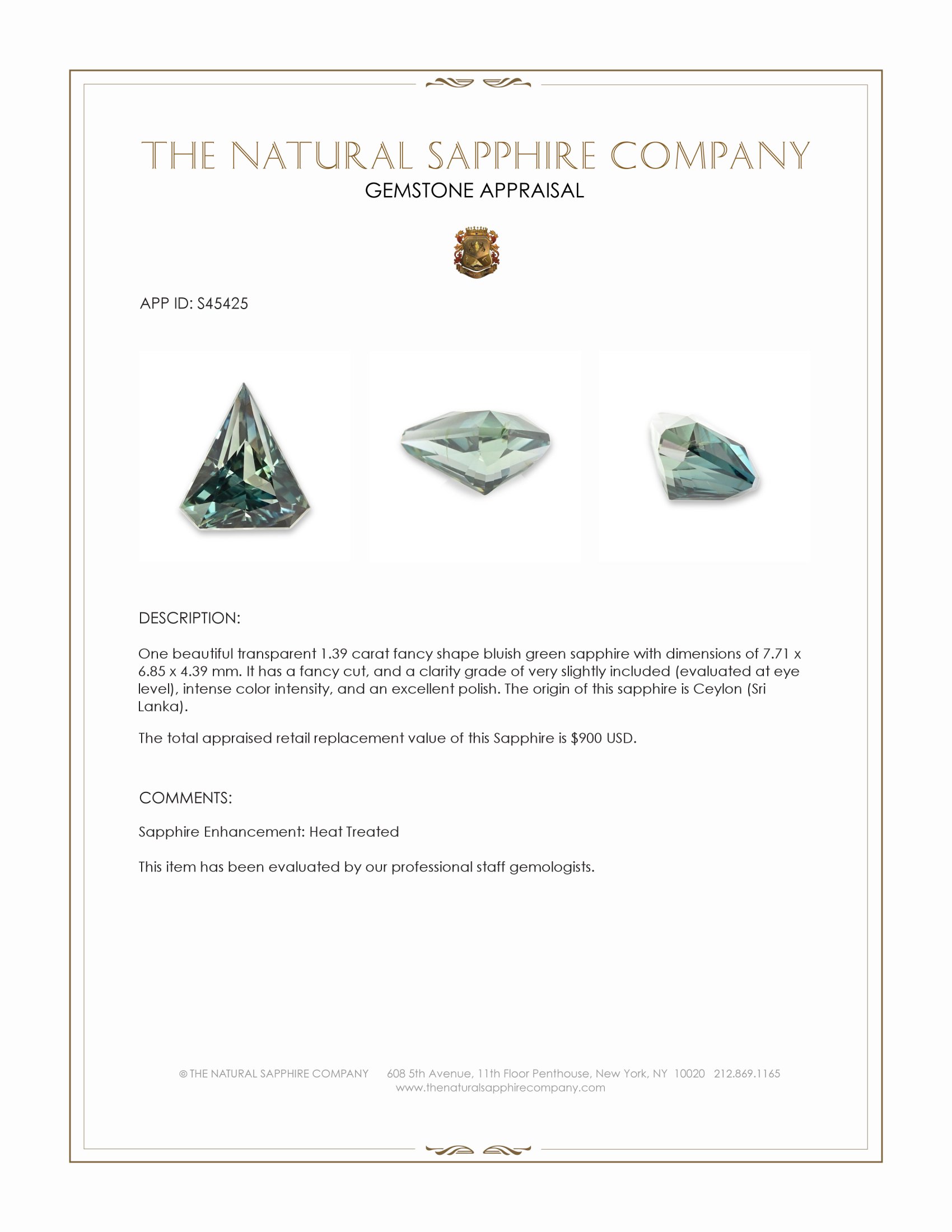 1.39 Ct. Bluish Green Sapphire from Ceylon (Sri Lanka)