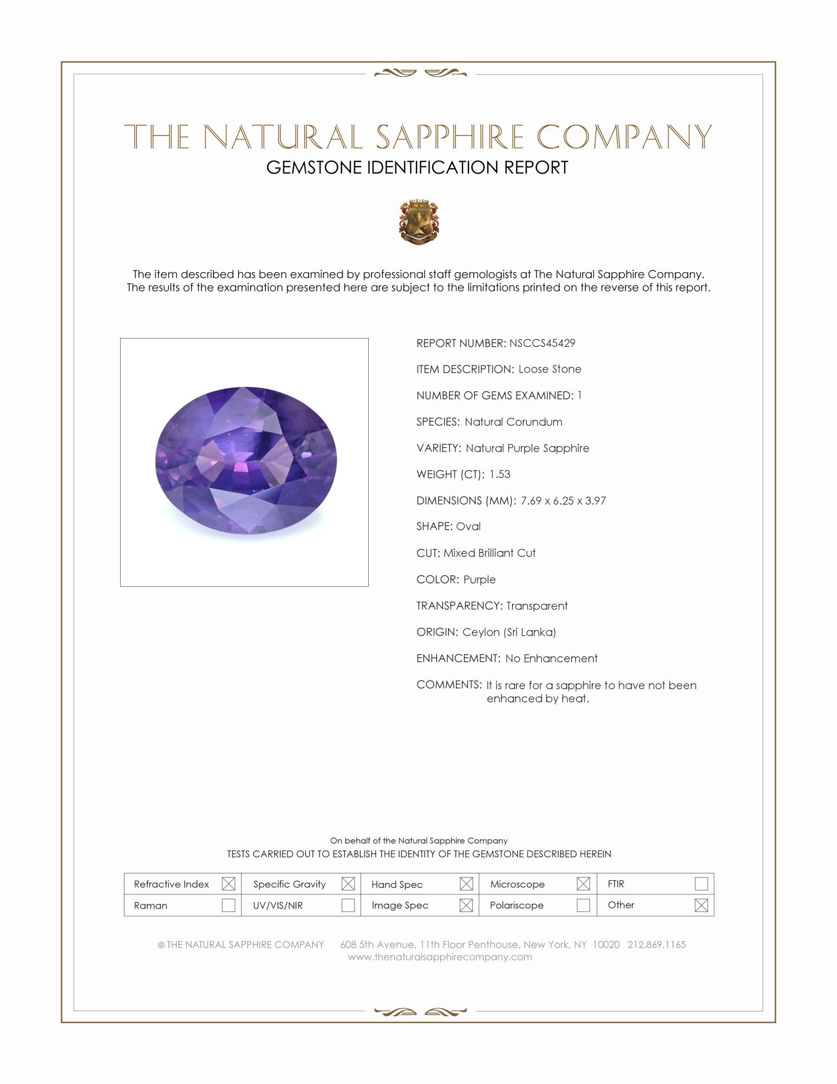 1.53 Ct. Purple Sapphire from Ceylon (Sri Lanka)