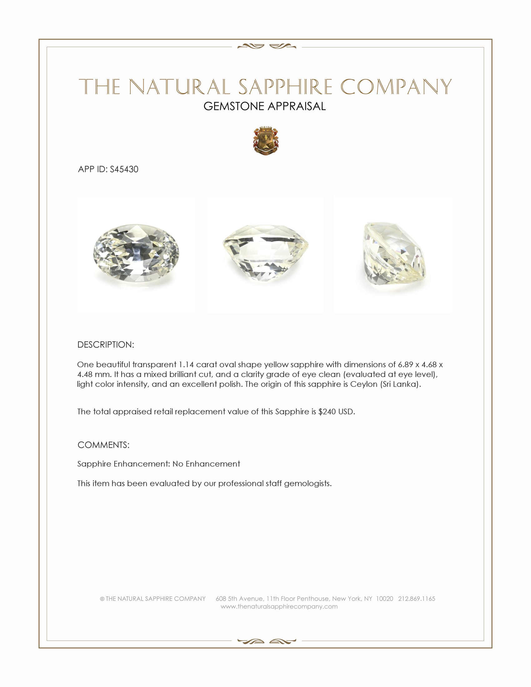 1.14 Ct. Yellow Sapphire from Ceylon (Sri Lanka)