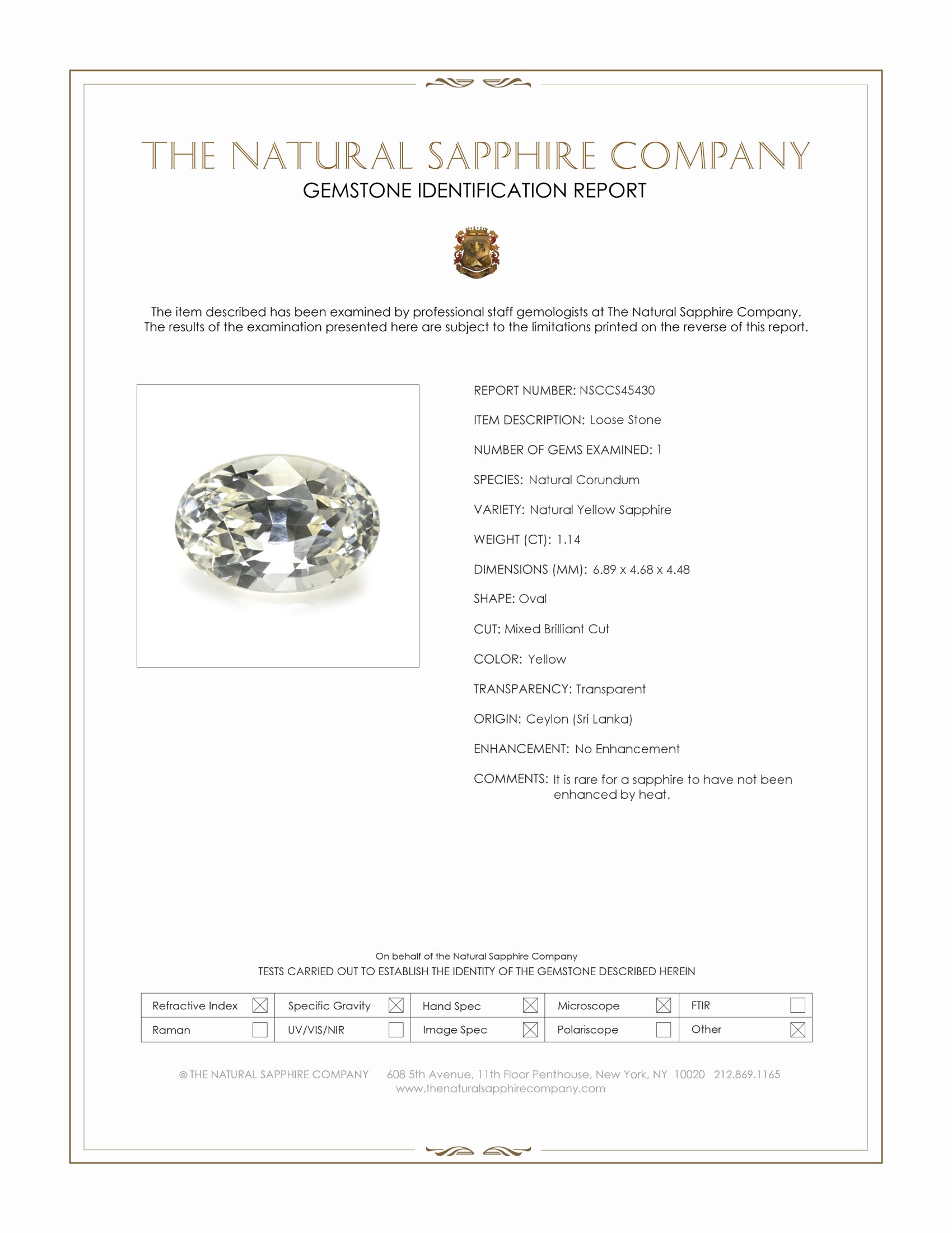 1.14 Ct. Yellow Sapphire from Ceylon (Sri Lanka)