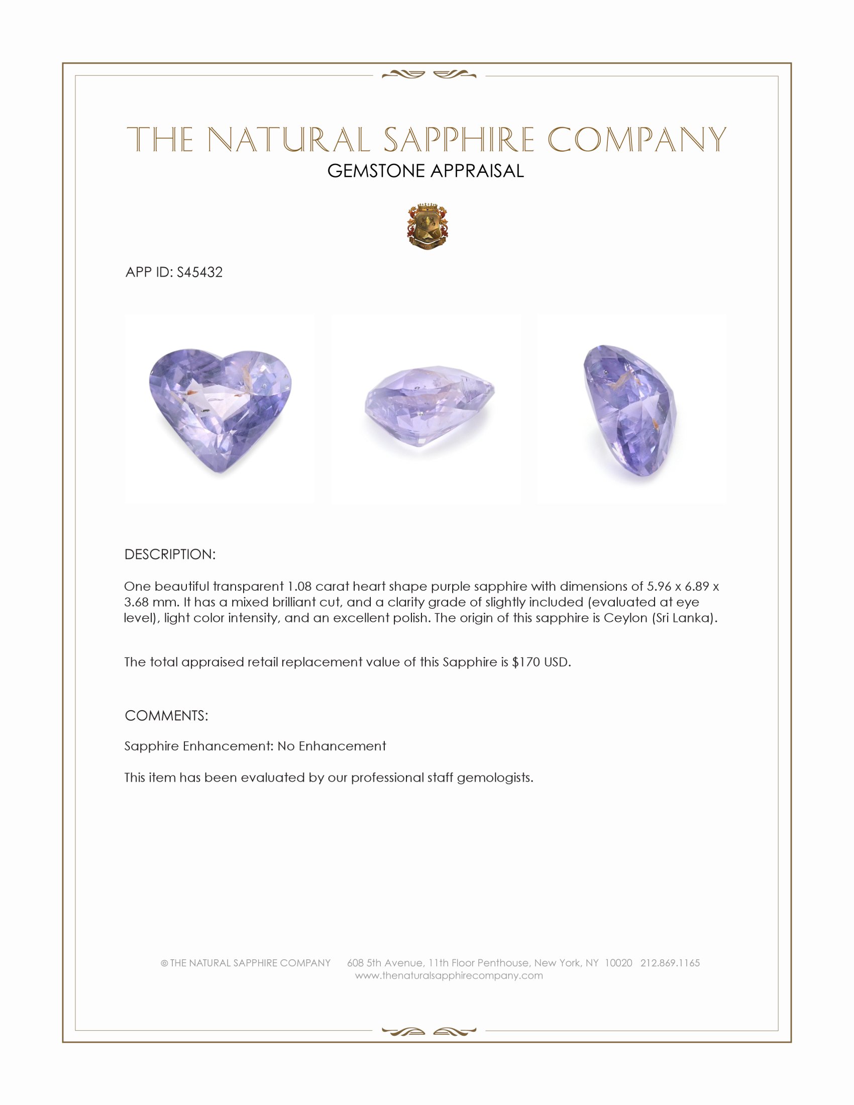 1.08 Ct. Purple Sapphire from Ceylon (Sri Lanka)