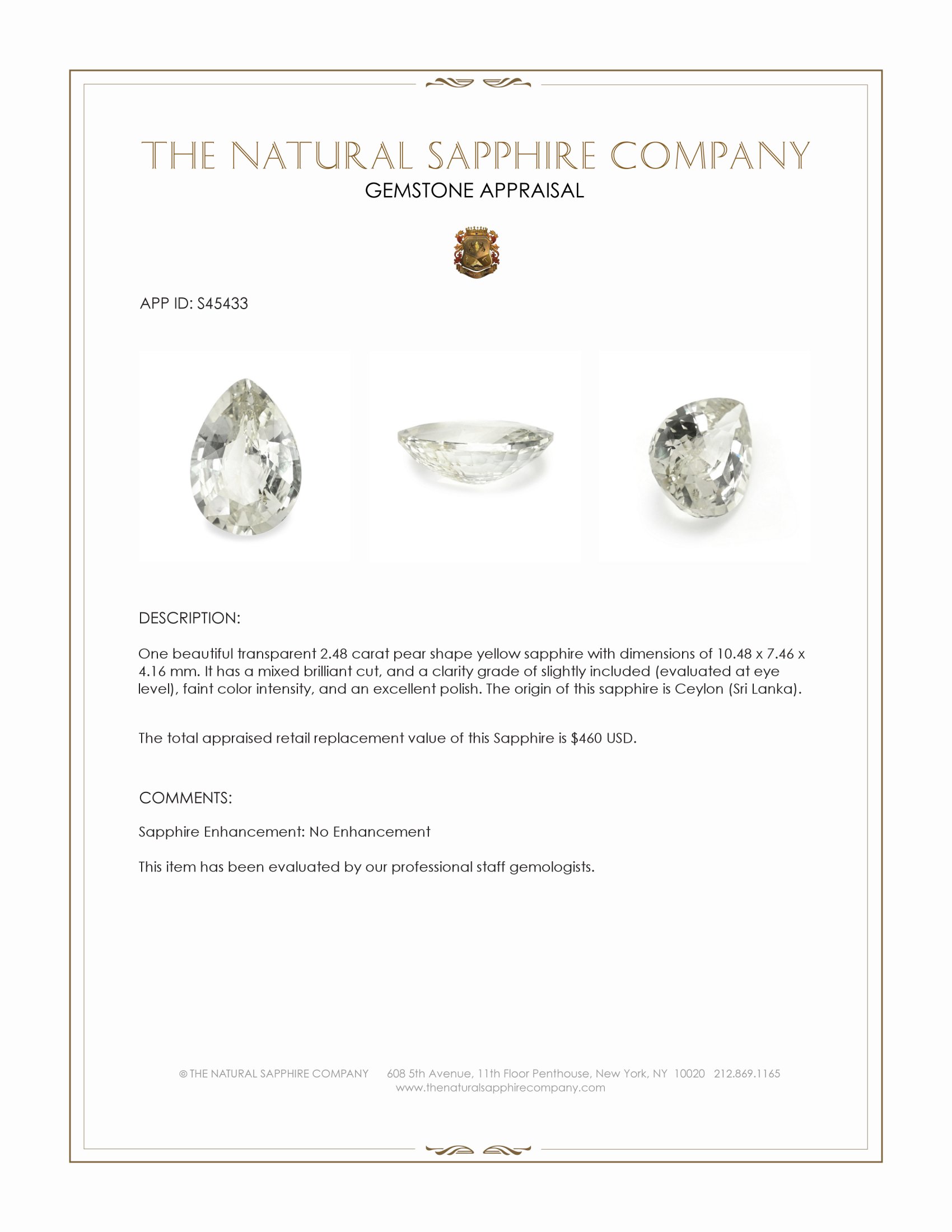 2.48 Ct. Yellow Sapphire from Ceylon (Sri Lanka)