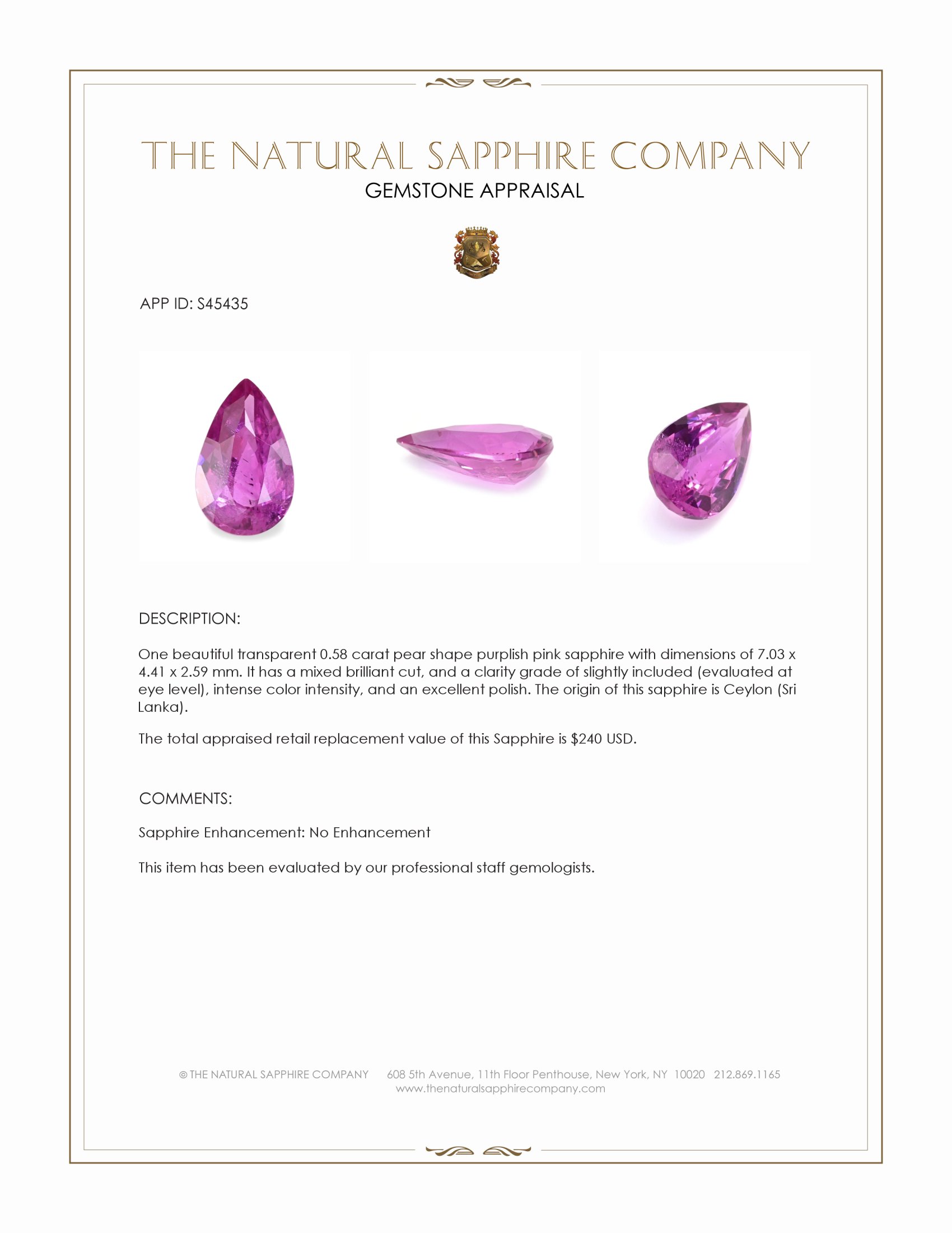 0.58 Ct. Purplish Pink Sapphire from Ceylon (Sri Lanka)