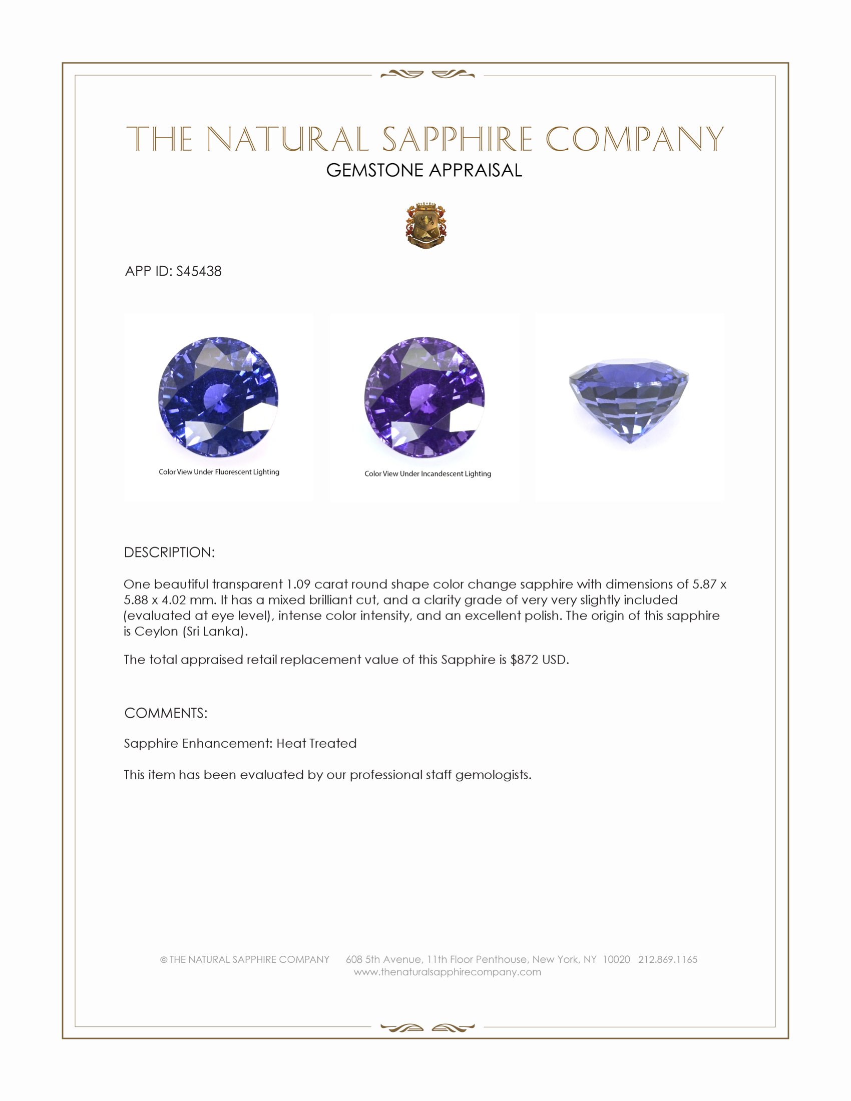 1.09 Ct. Color Change Sapphire from Ceylon (Sri Lanka)