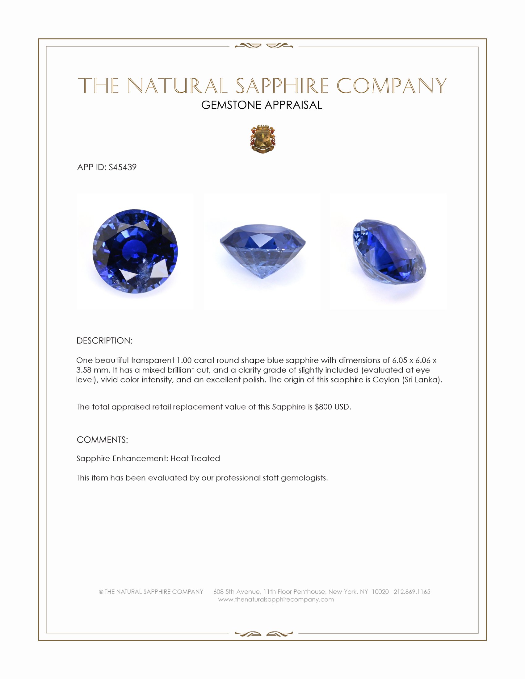 1.00 Ct. Blue Sapphire from Ceylon (Sri Lanka)