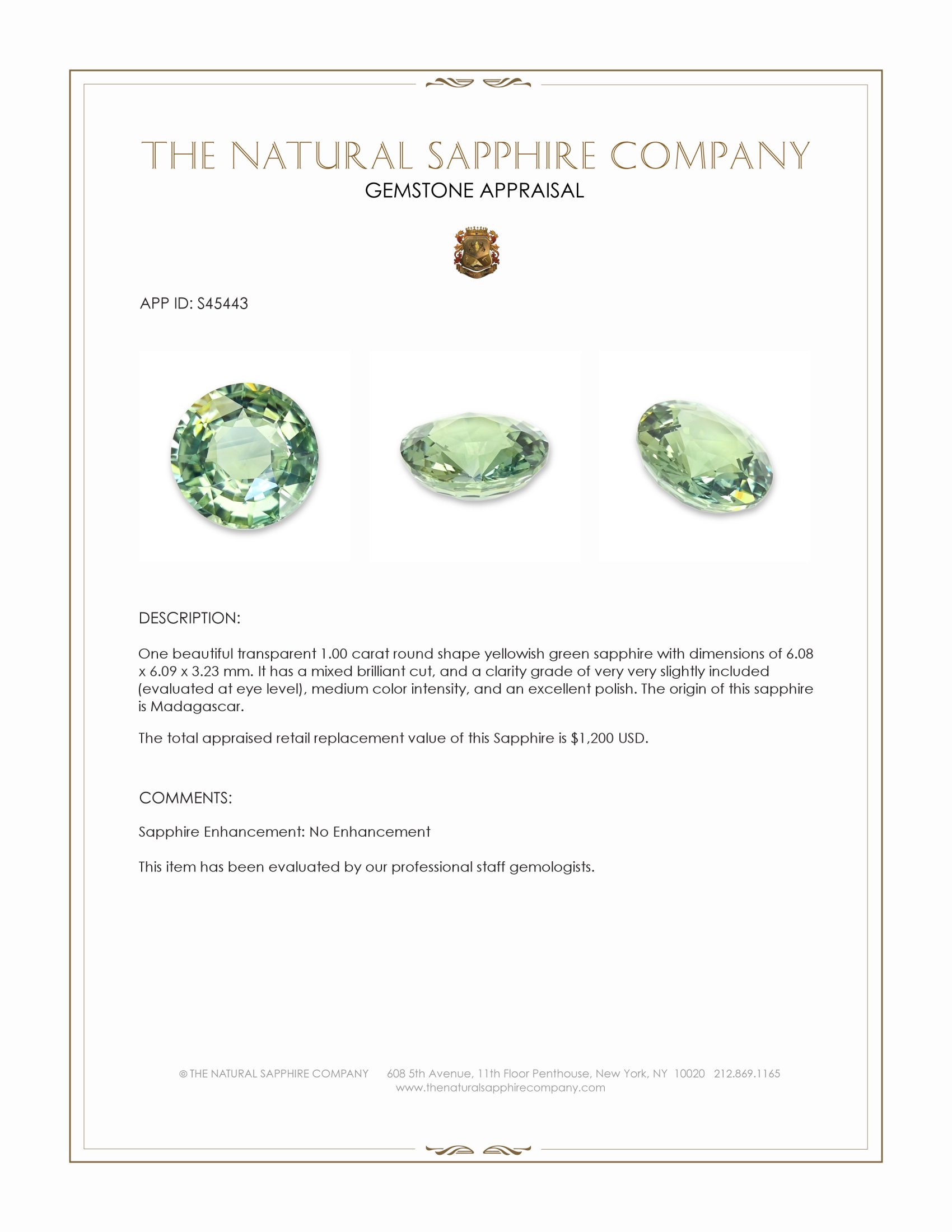 1.00 Ct. Yellowish Green Sapphire from Madagascar