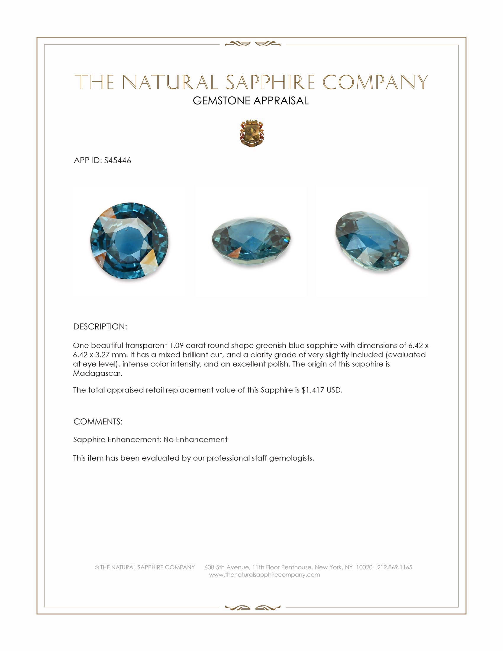1.09 Ct. Greenish Blue Sapphire from Madagascar
