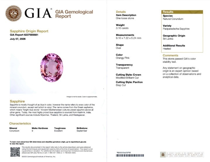 3.10 Ct. Padparadscha Sapphire from Ceylon (Sri Lanka)