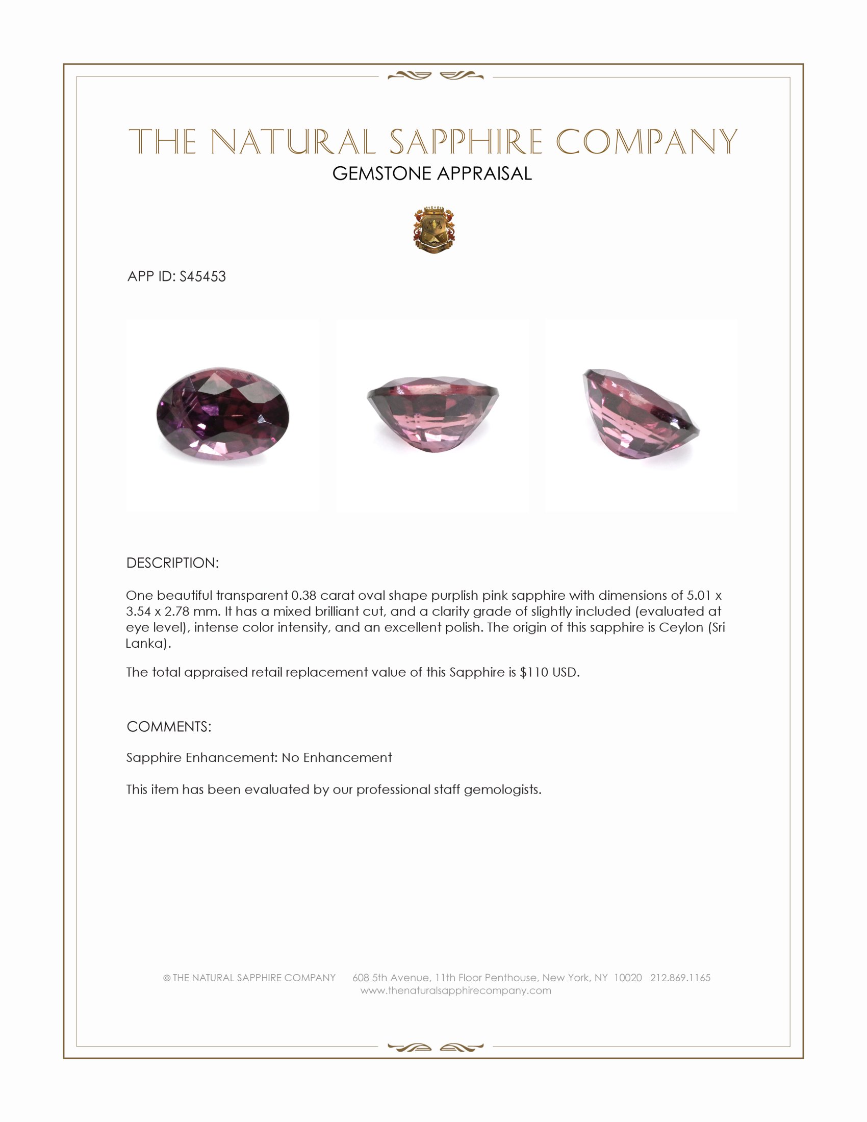 0.38 Ct. Purplish Pink Sapphire from Ceylon (Sri Lanka)