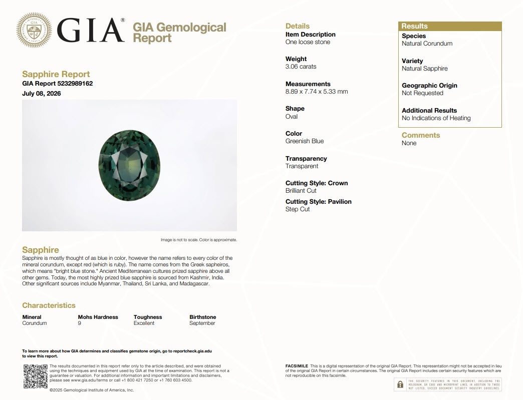 3.06 Ct. Bluish Green Sapphire from Ceylon (Sri Lanka)