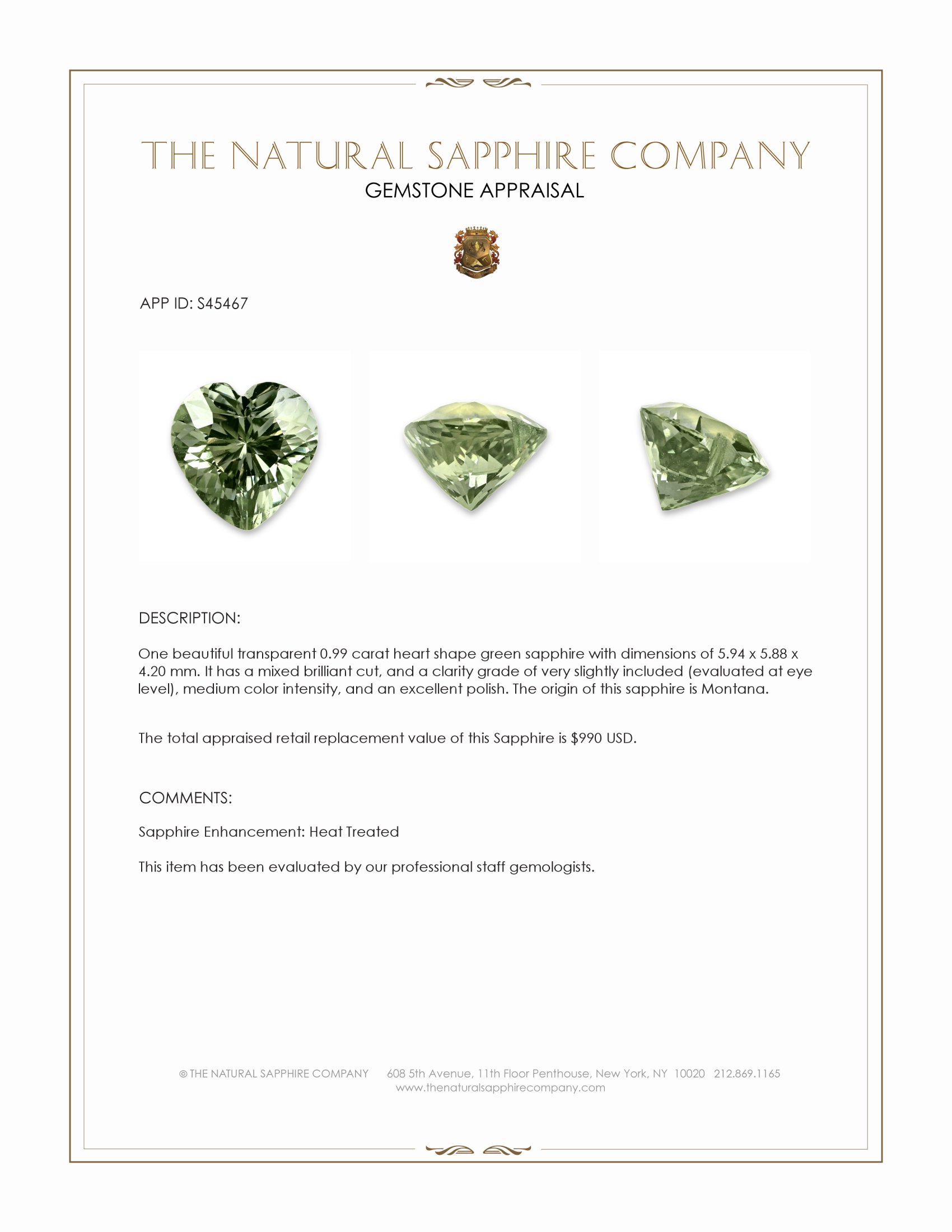 0.99 Ct. Green Sapphire from Montana