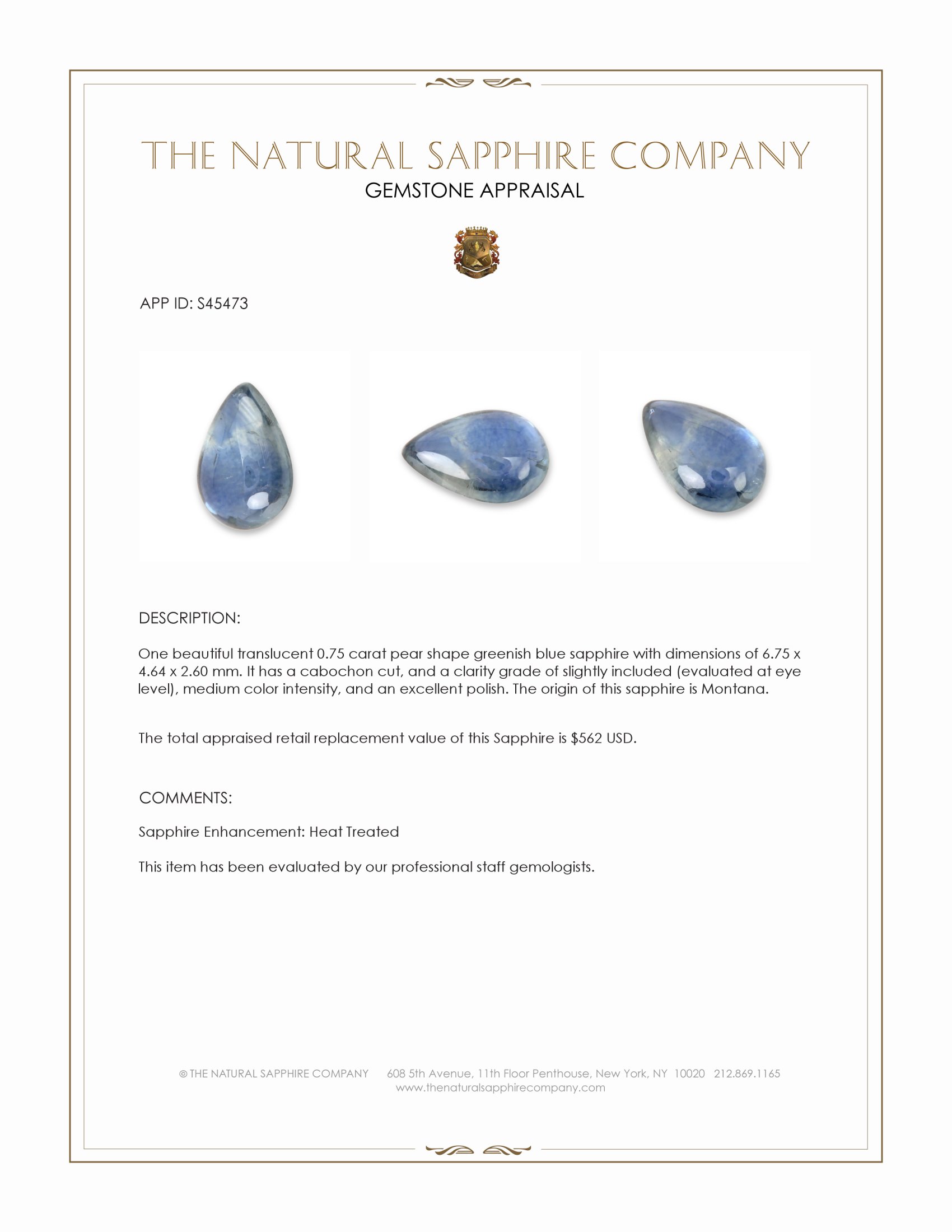0.75 Ct. Greenish Blue Cabochon Sapphire from Montana