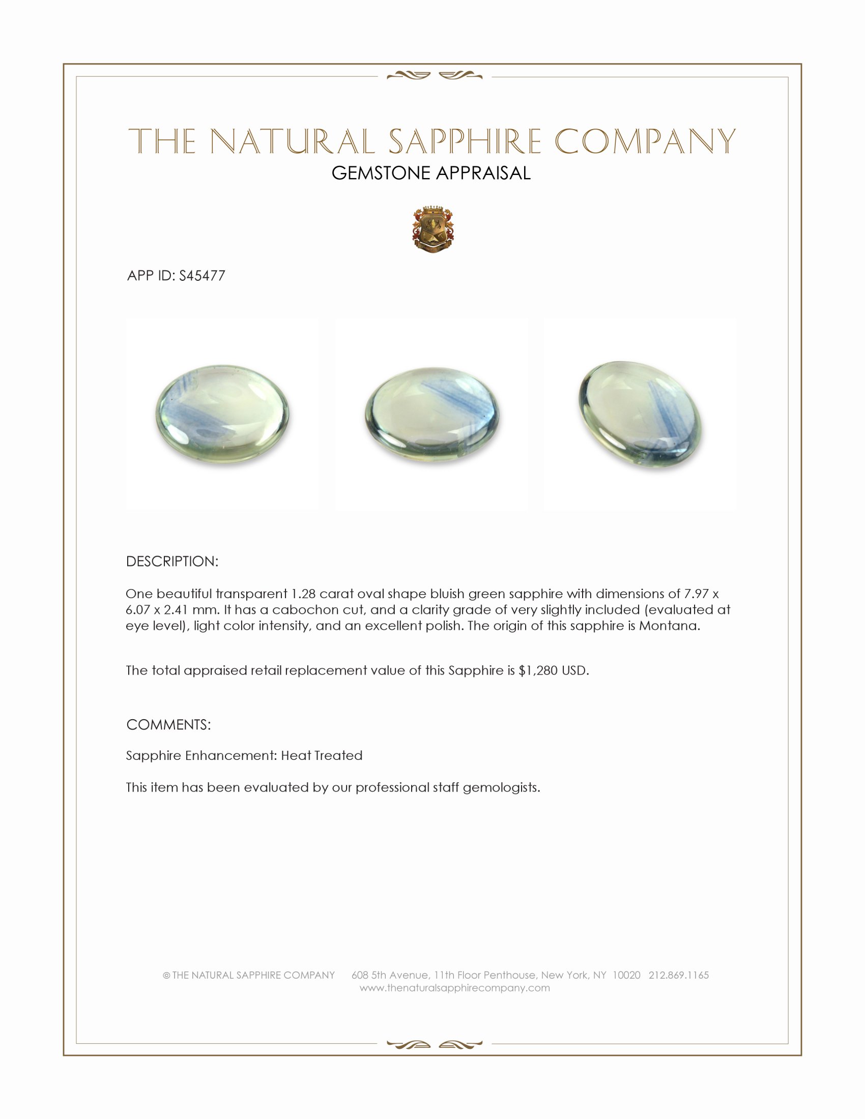 1.28 Ct. Bluish Green Cabochon Sapphire from Montana