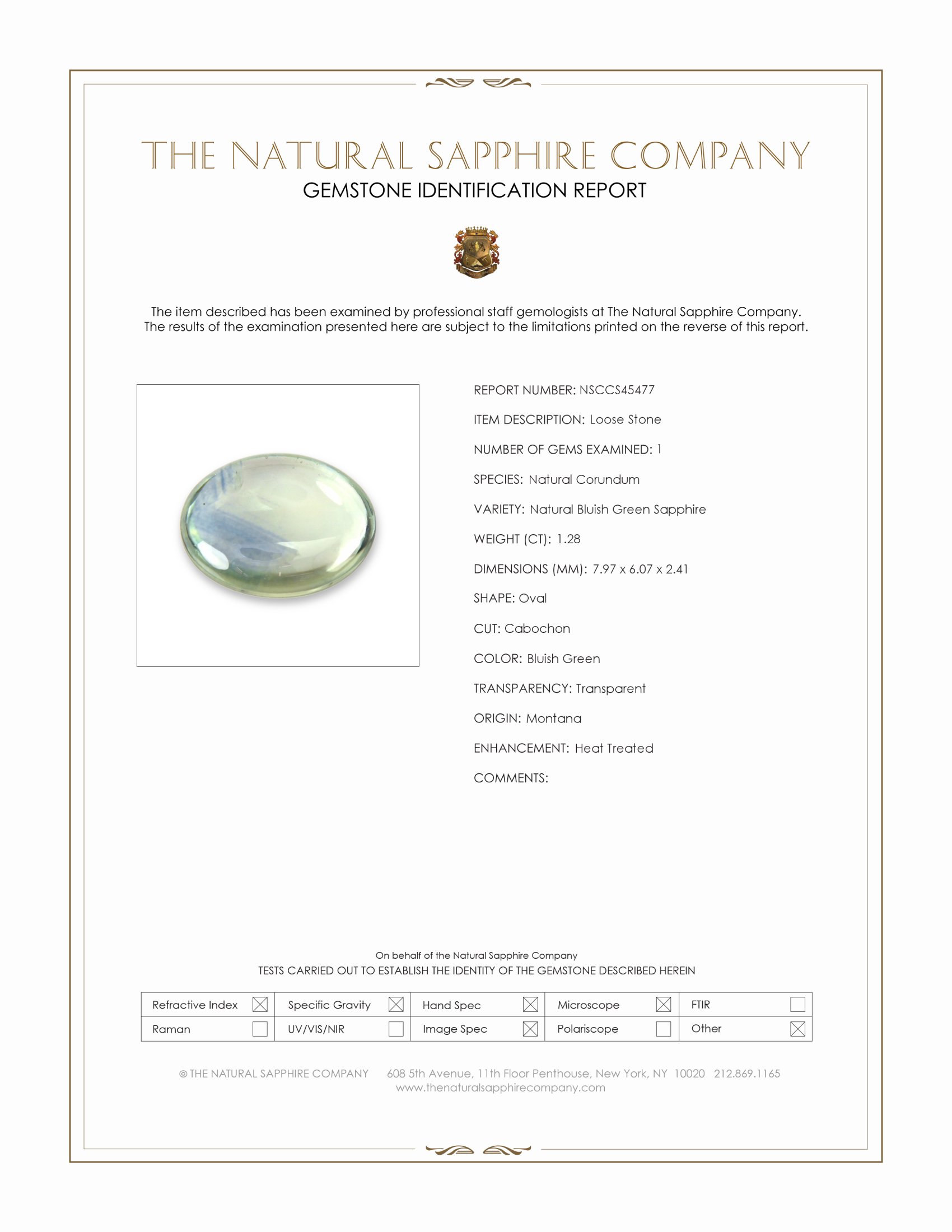 1.28 Ct. Bluish Green Cabochon Sapphire from Montana