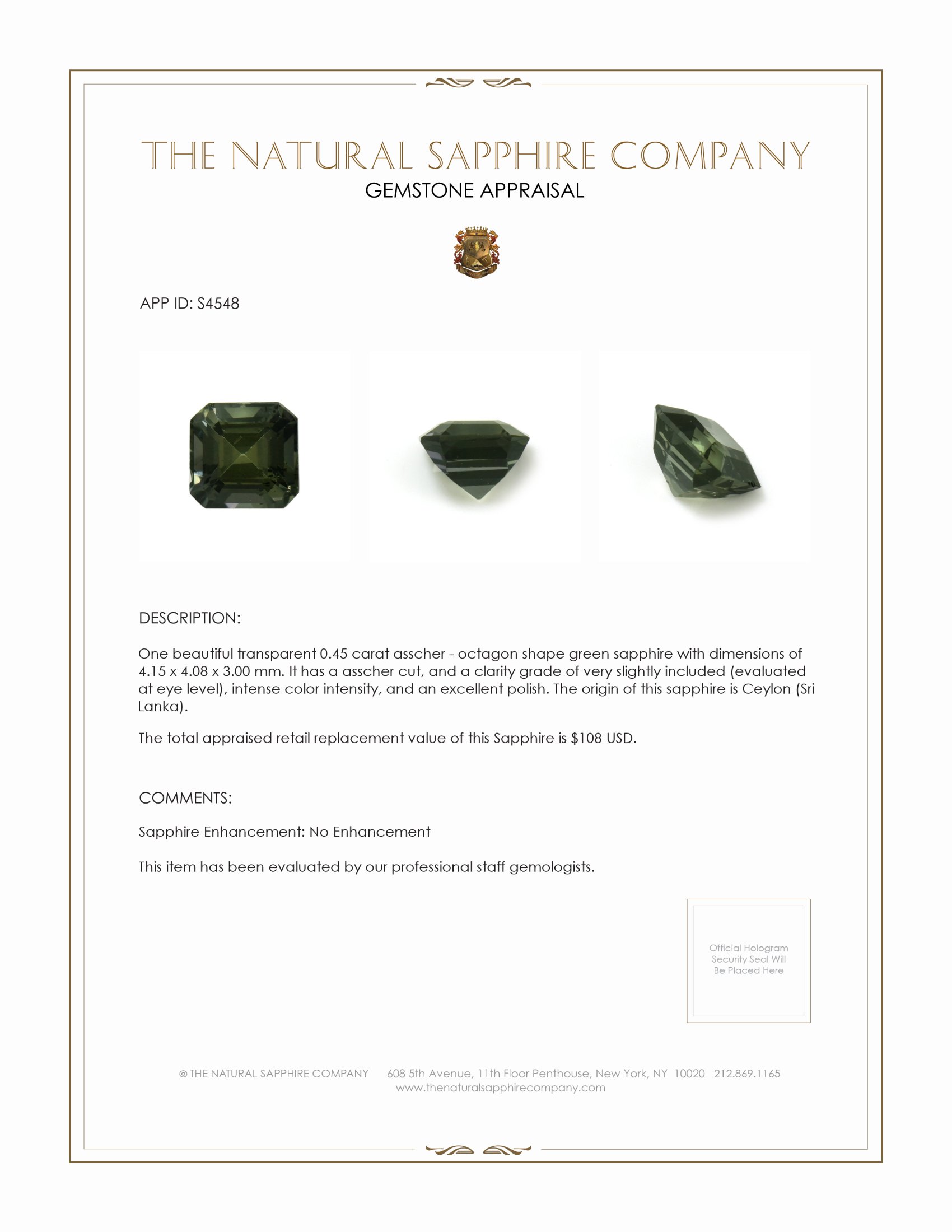 0.45 Ct. Green Sapphire from Ceylon (Sri Lanka)