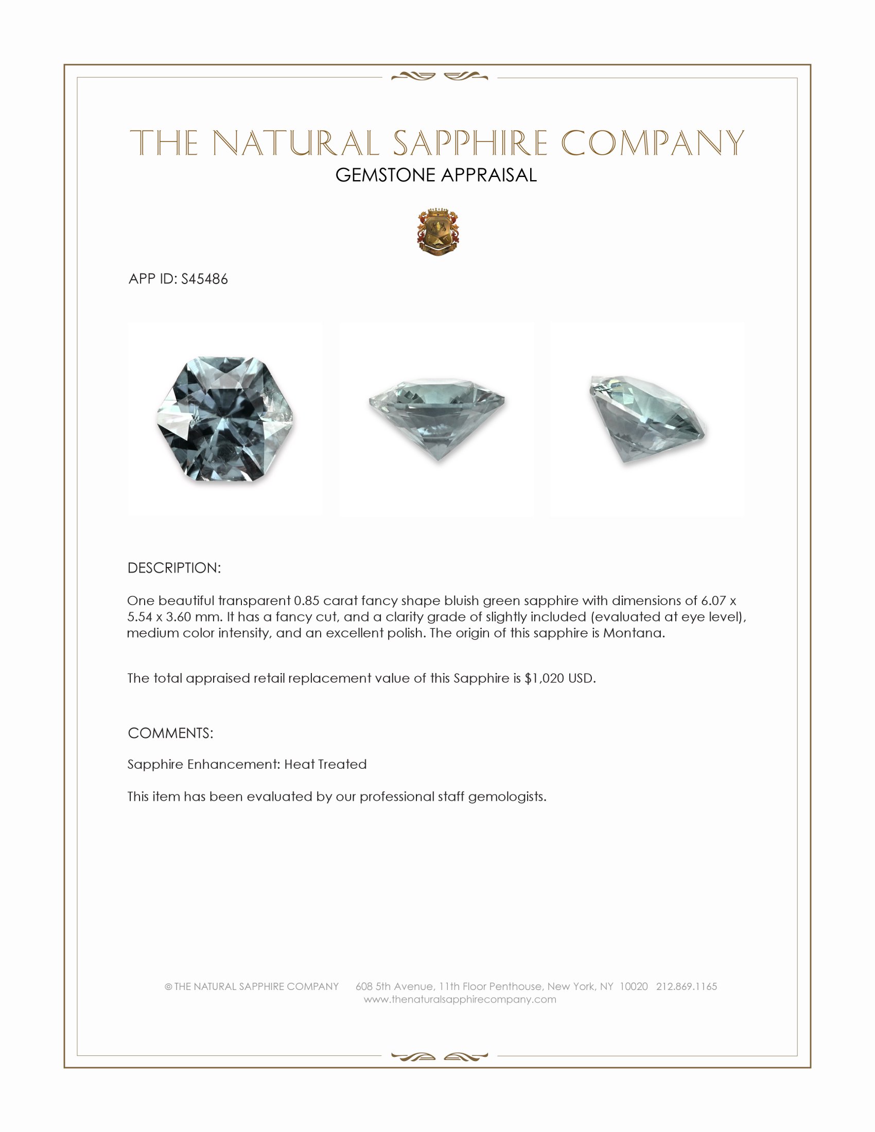 0.85 Ct. Bluish Green Sapphire from Montana