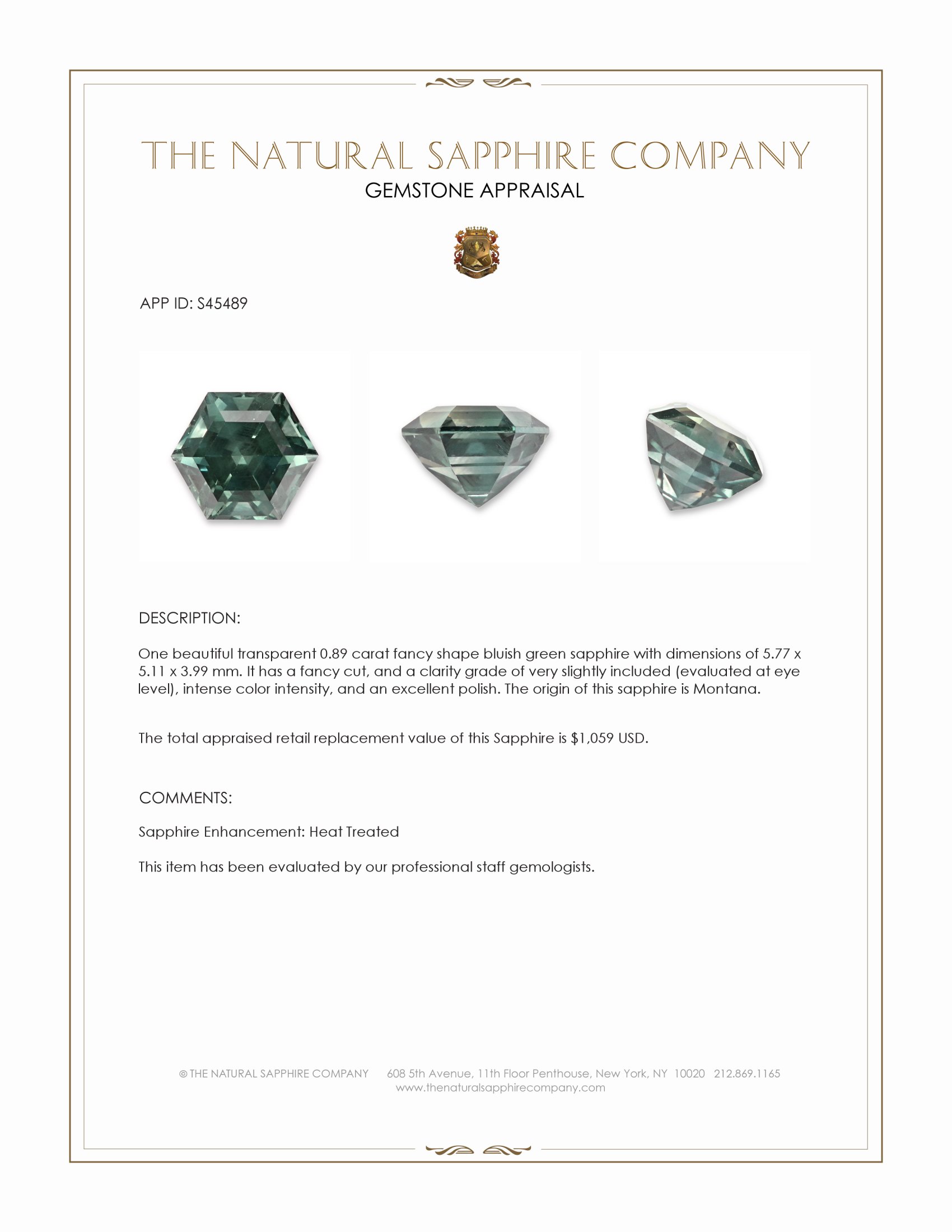 0.89 Ct. Bluish Green Sapphire from Montana