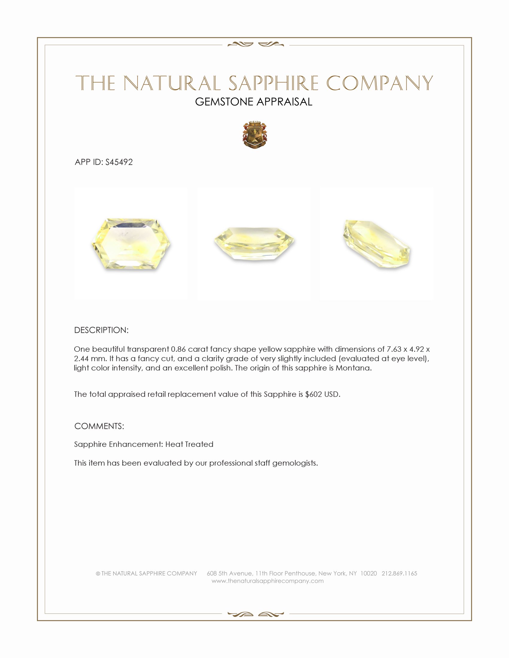 0.86 Ct. Yellow Sapphire from Montana