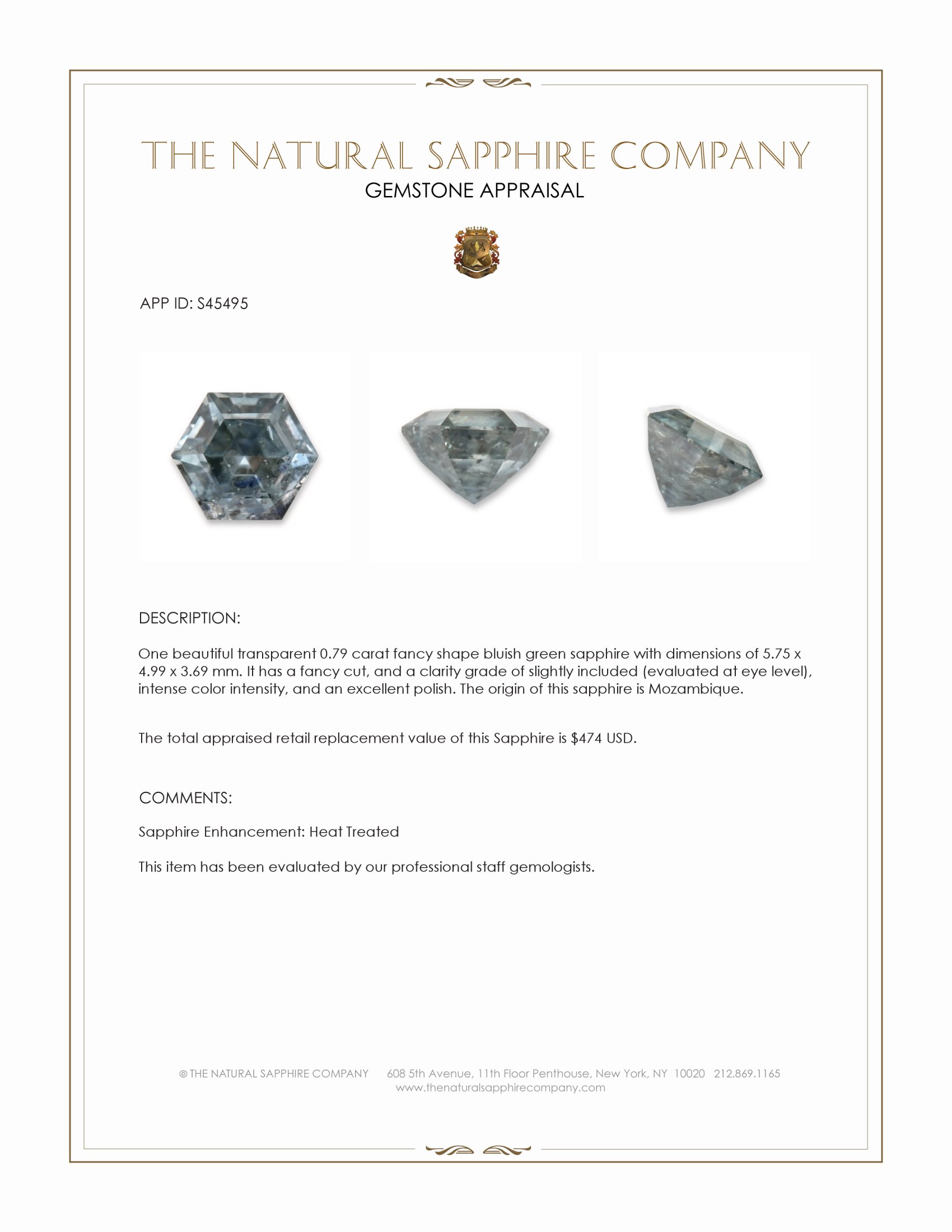 0.79 Ct. Bluish Green Sapphire from Mozambique