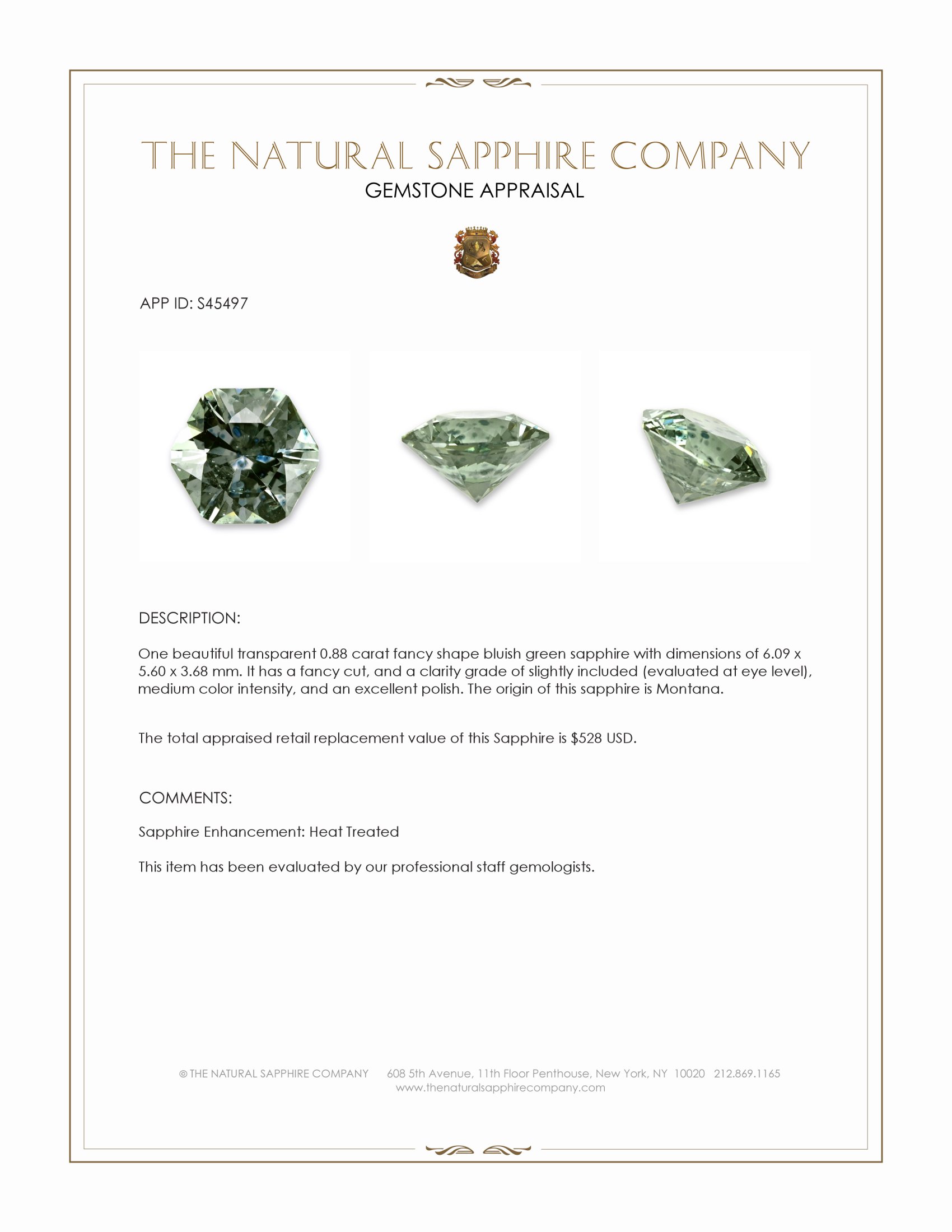 0.88 Ct. Bluish Green Sapphire from Montana