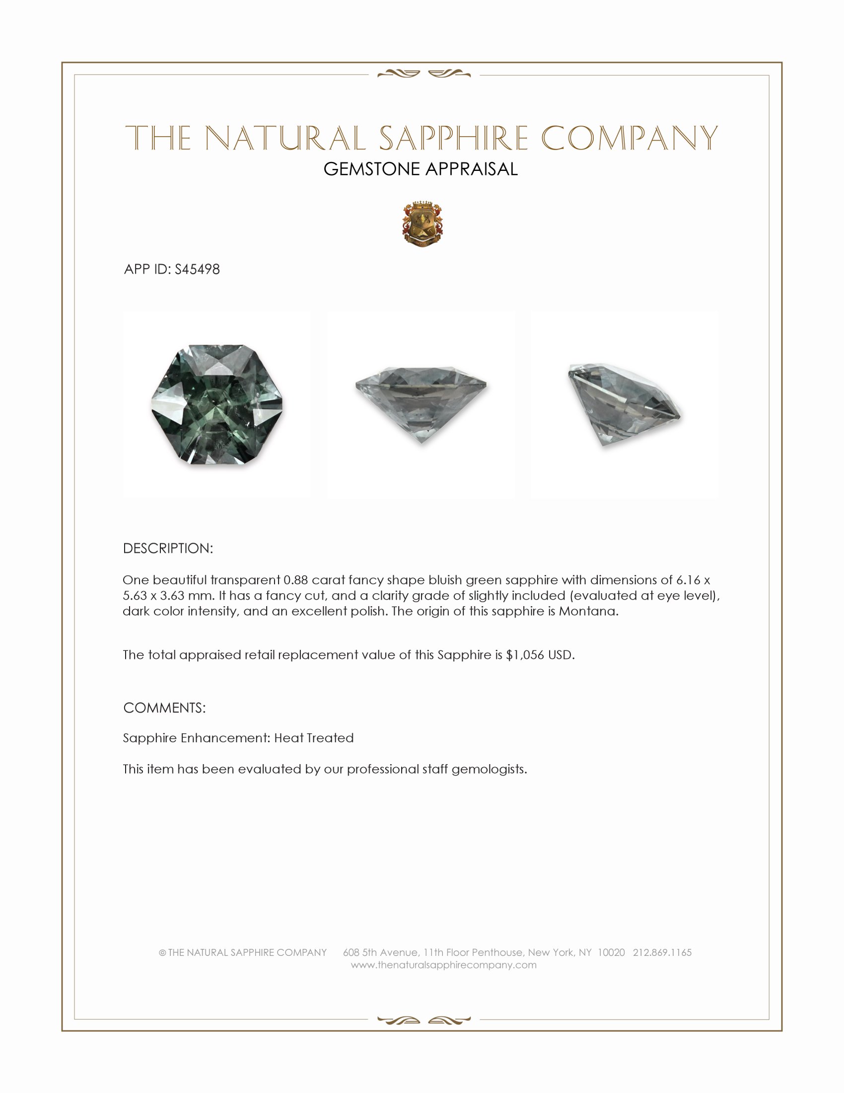 0.88 Ct. Bluish Green Sapphire from Montana