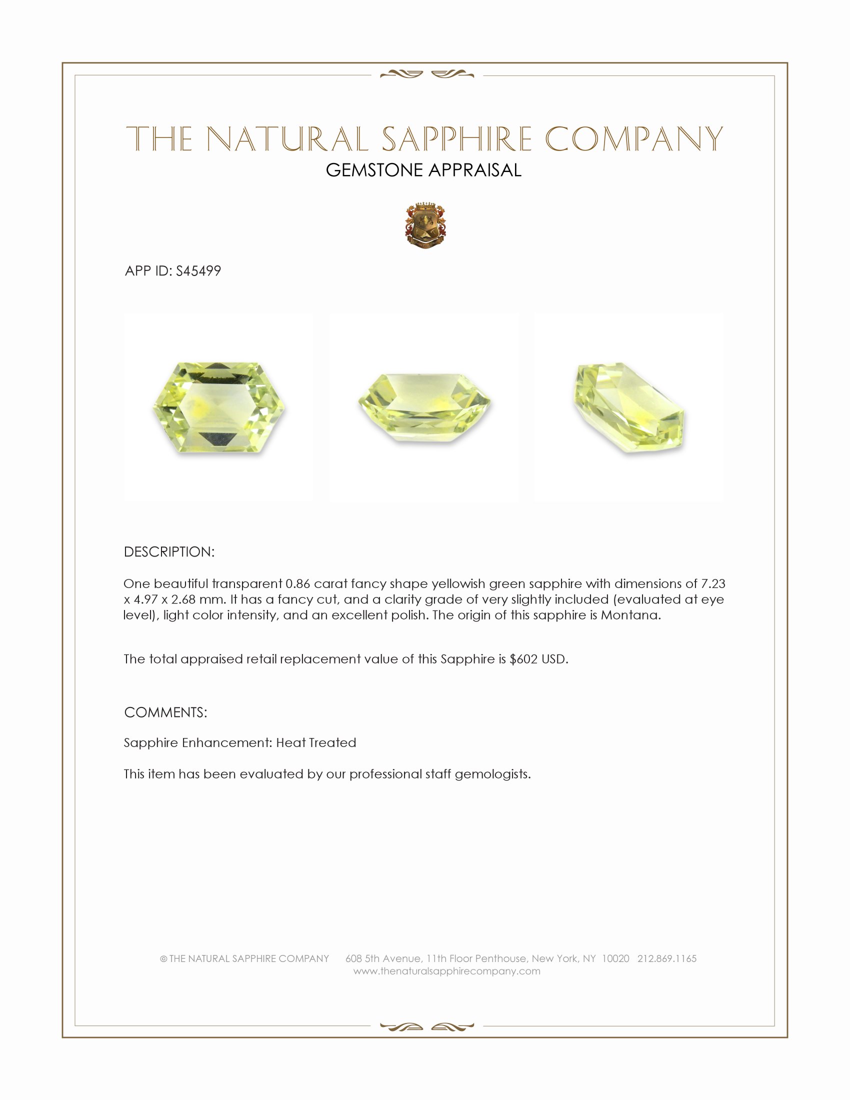 0.86 Ct. Yellowish Green Sapphire from Montana