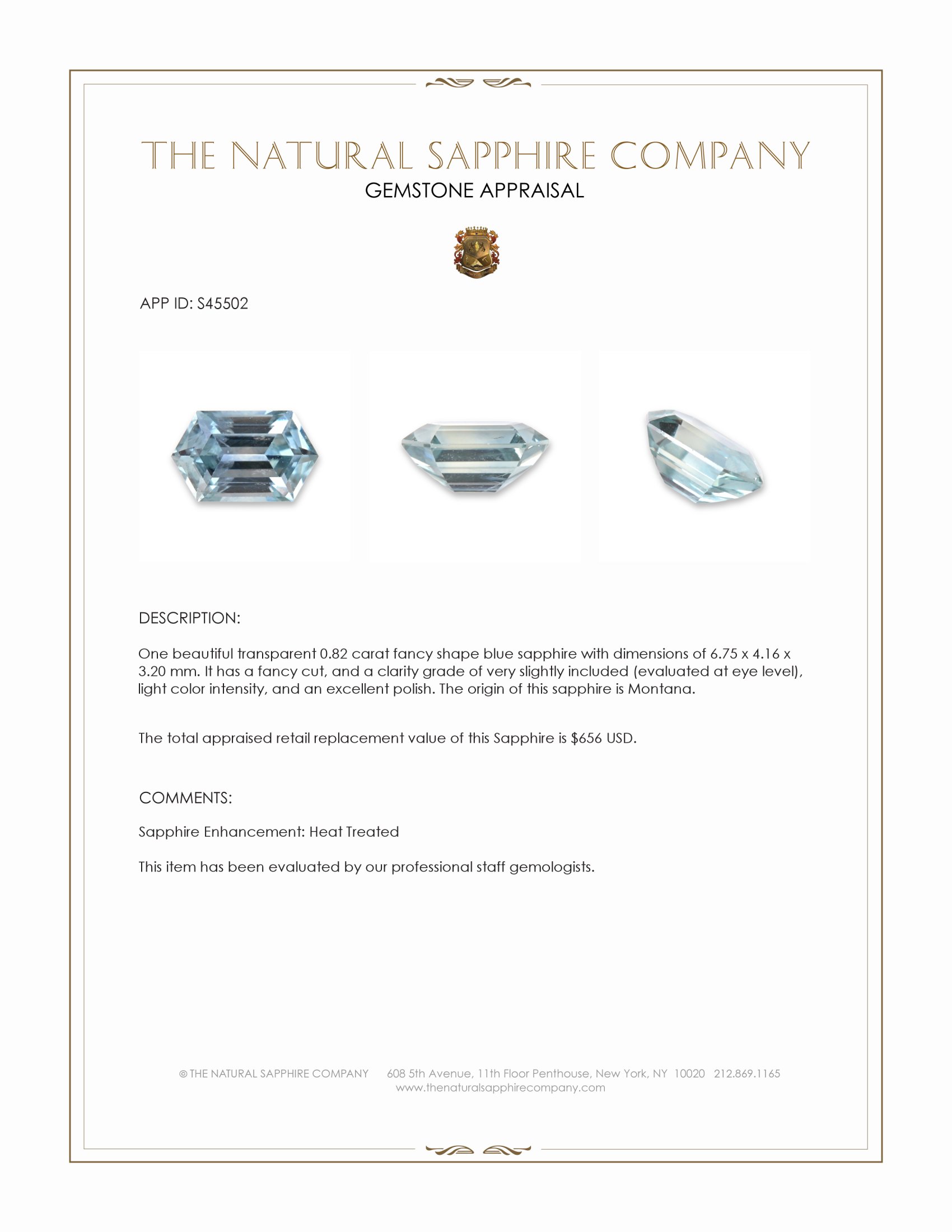 0.82 Ct. Blue Sapphire from Montana