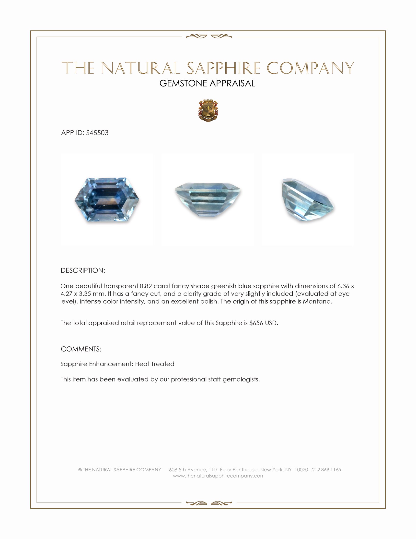 0.82 Ct. Greenish Blue Sapphire from Montana