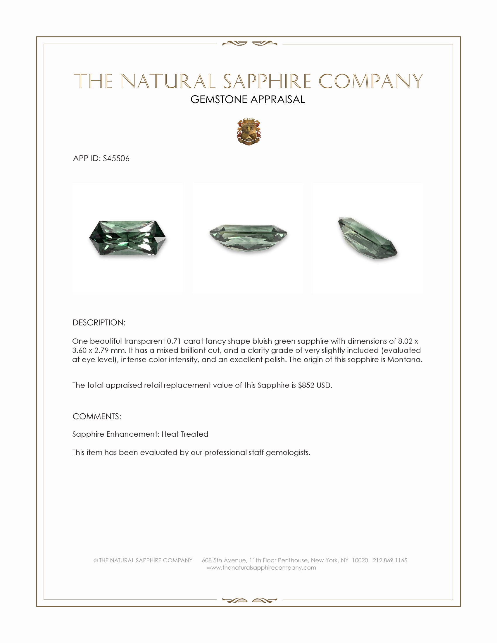 0.71 Ct. Bluish Green Sapphire from Montana