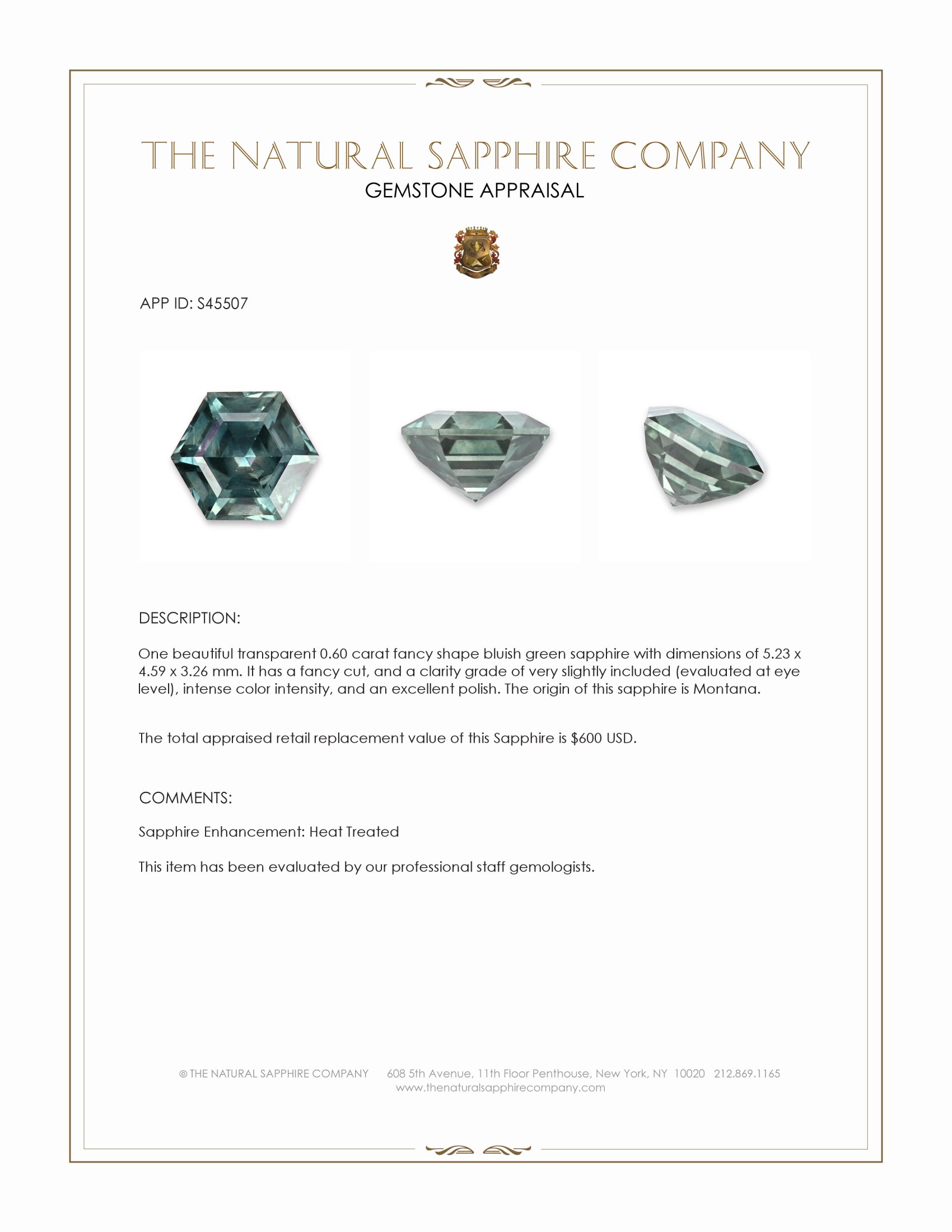 0.60 Ct. Bluish Green Sapphire from Montana