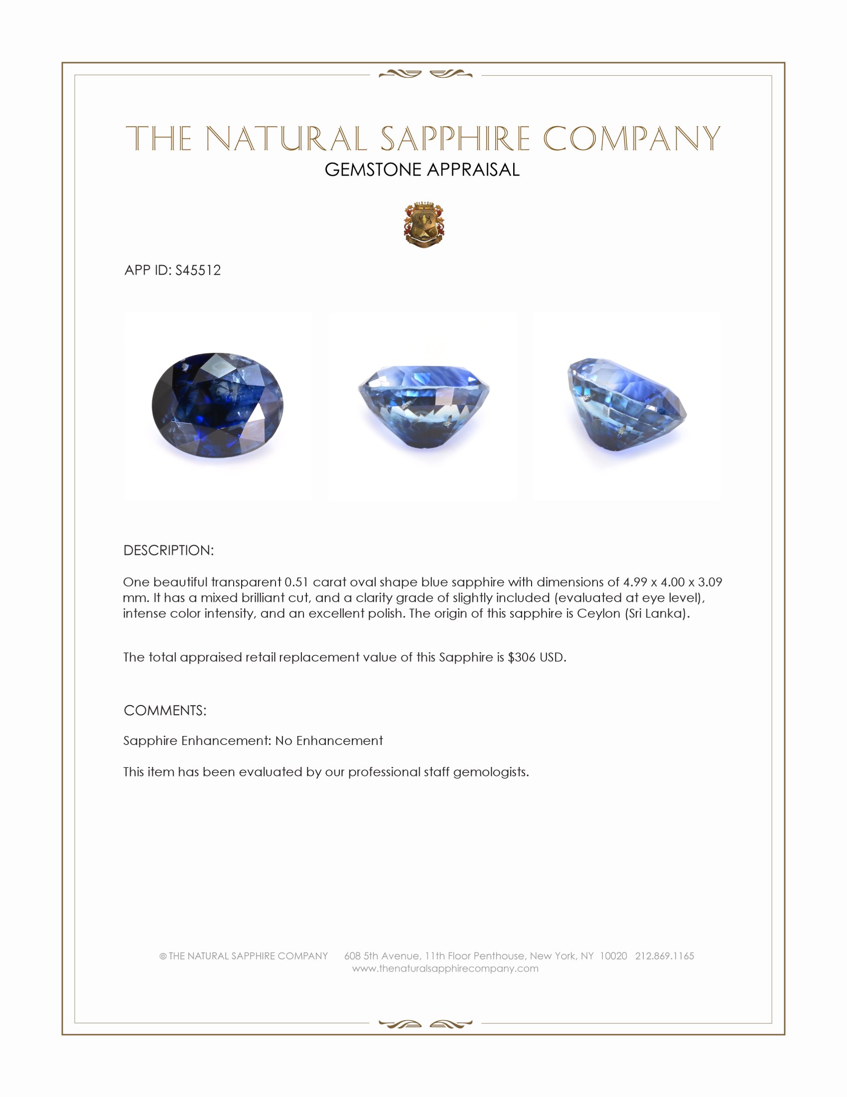 0.51 Ct. Blue Sapphire from Ceylon (Sri Lanka)