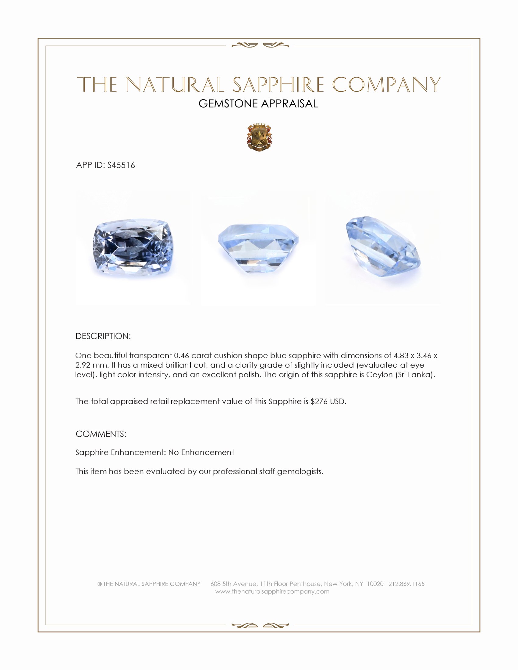 0.46 Ct. Blue Sapphire from Ceylon (Sri Lanka)