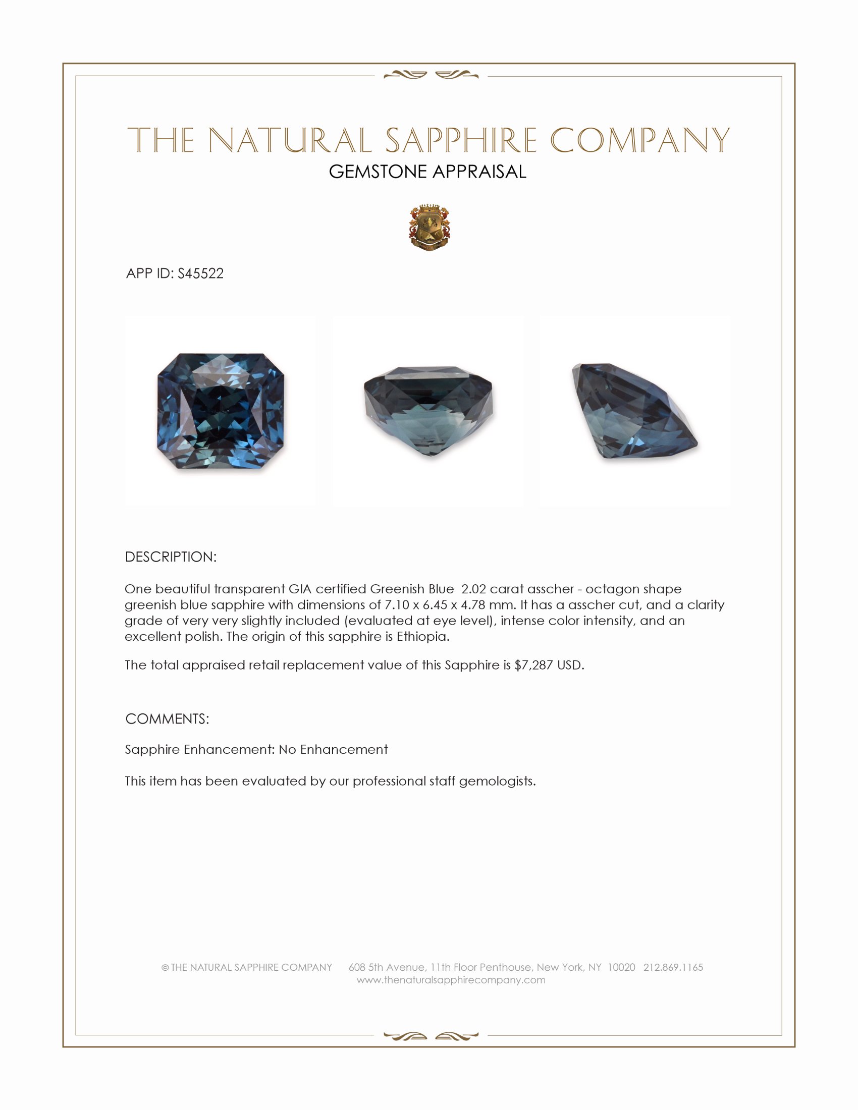 2.02 Ct. Greenish Blue Sapphire from Ethiopia