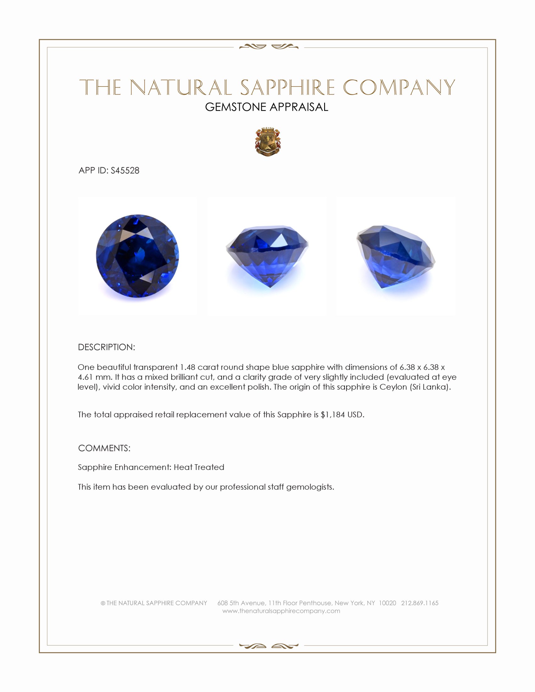 1.48 Ct. Blue Sapphire from Ceylon (Sri Lanka)
