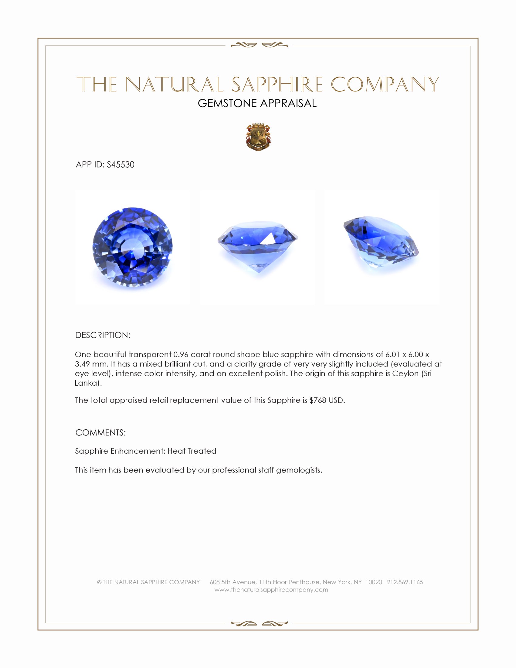 0.96 Ct. Blue Sapphire from Ceylon (Sri Lanka)
