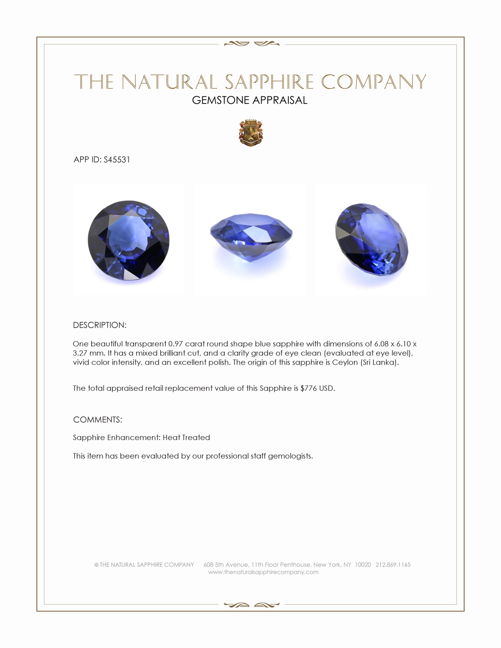 0.97 Ct. Blue Sapphire from Ceylon (Sri Lanka)