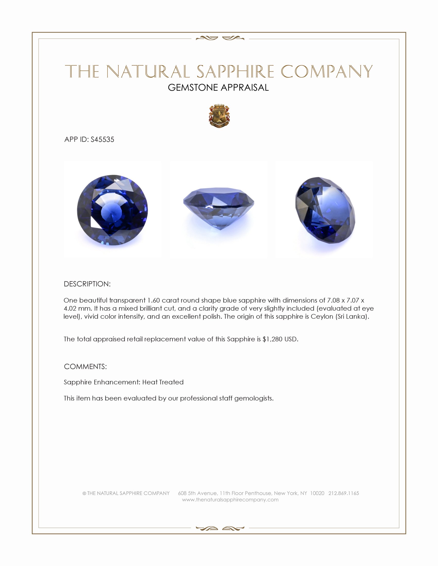 1.60 Ct. Blue Sapphire from Ceylon (Sri Lanka)