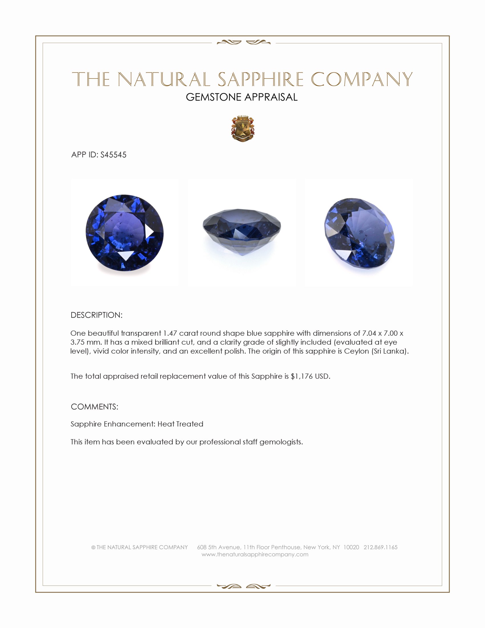 1.47 Ct. Blue Sapphire from Ceylon (Sri Lanka)